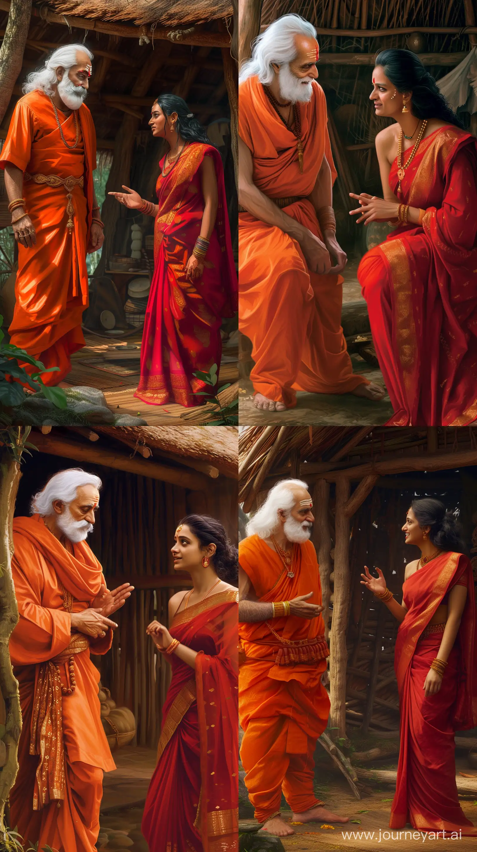 Realistic digital paintings depicting an Indian sage in orange attire, white haired and bearded, talking with a beautiful Indian woman in her thirties wearing a red saree inside a hut, vibrant colors, intricate details, UHD --ar 9:16 --v 6