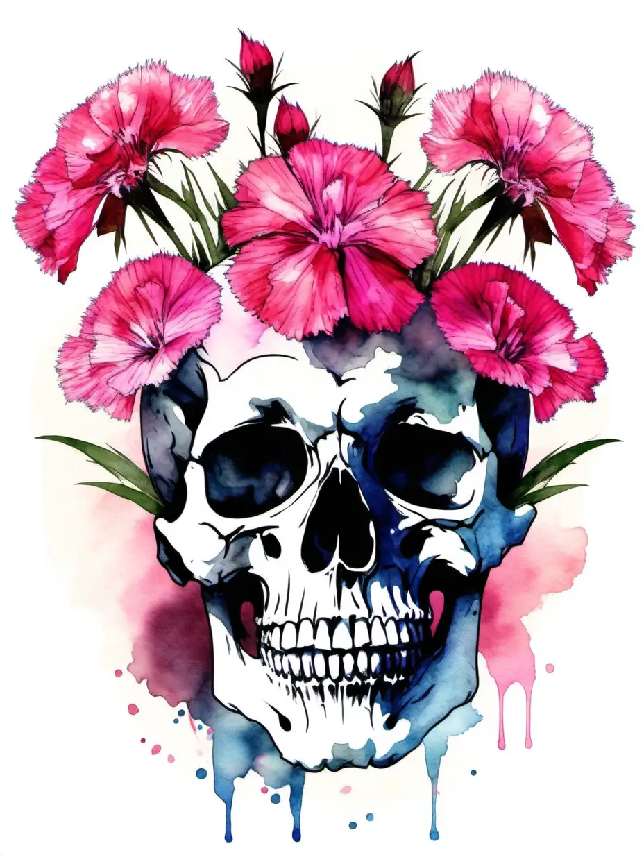 skull with Dianthus blossoms in the style of water color, white background