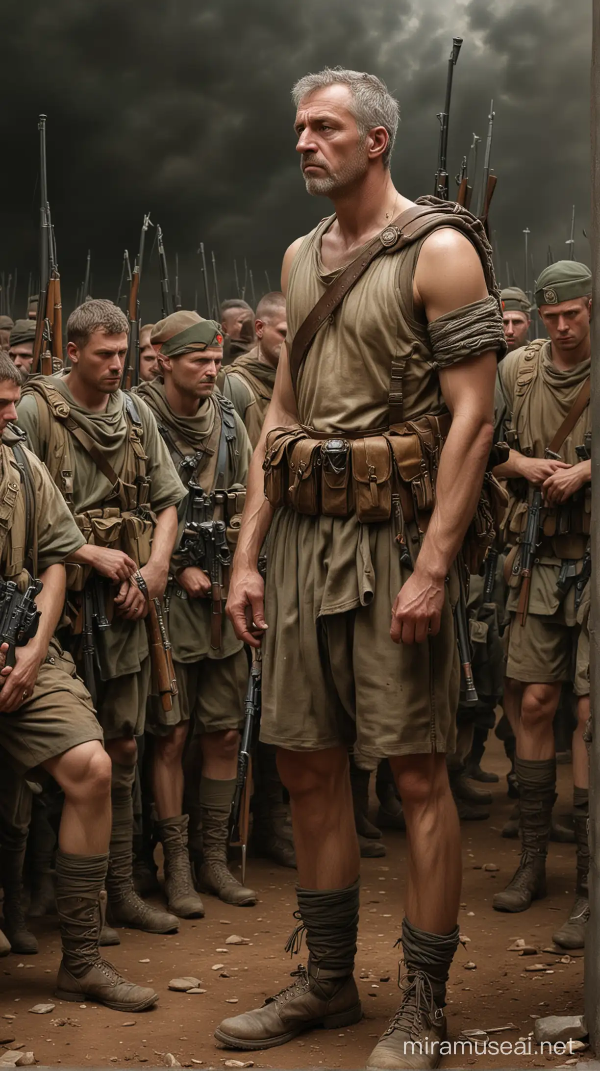 Childers' stoic demeanor contrasting with the apprehension of the soldiers. hyper realistic