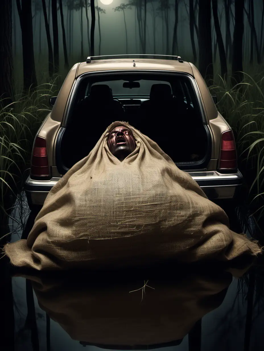 Generate a nighttime Pulp Fiction-style image of a man who's head is completely covered by a burlap sack, with bound up lying down inside the back of the trunk of a sedan next to a dark swamp.