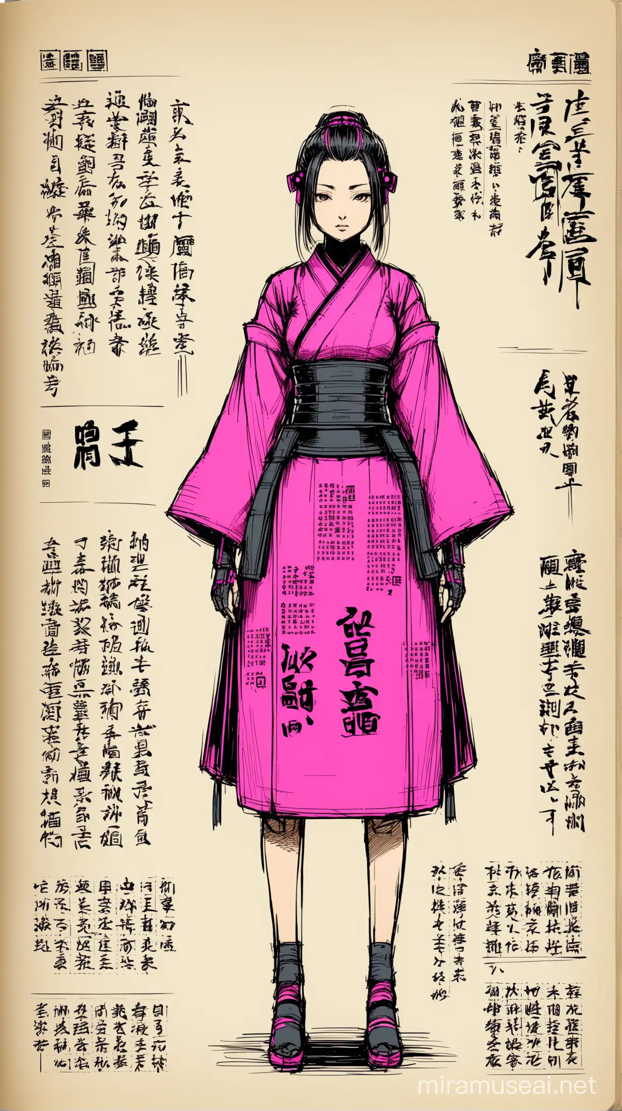 girly color, Sketch book, hand drawn, pink, elegant, realistic sketch, Rough sketch, mix of bold dark lines and loose lines, bold lines, on paper, character sheet, old fashion dress, humanoid, Full body, kanji writing, japanese writing, japanese feudal era clothing, cyberpunk 2077 clothing, medieval futuristic era clothing