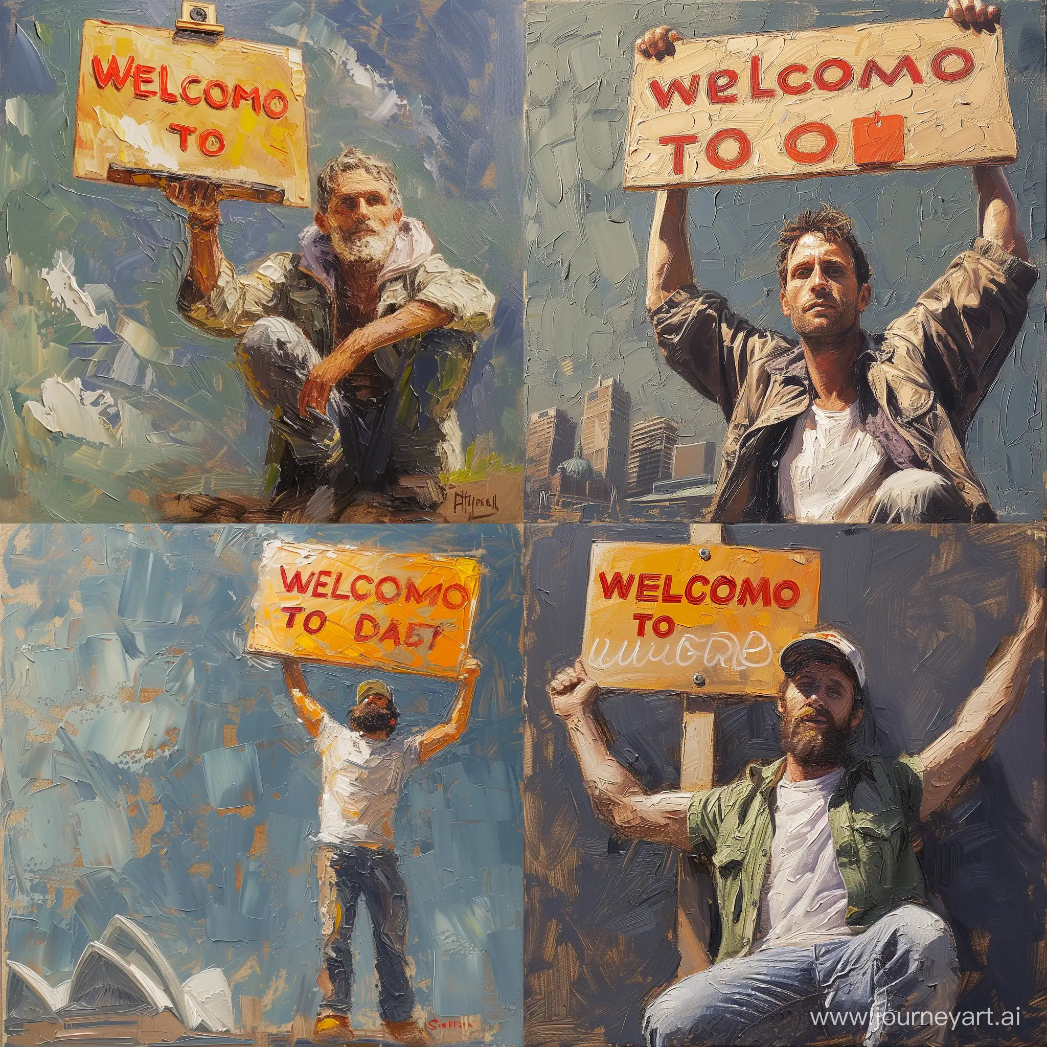 An oil painting of a man holding up a sign that says"welcome to Sydney"
