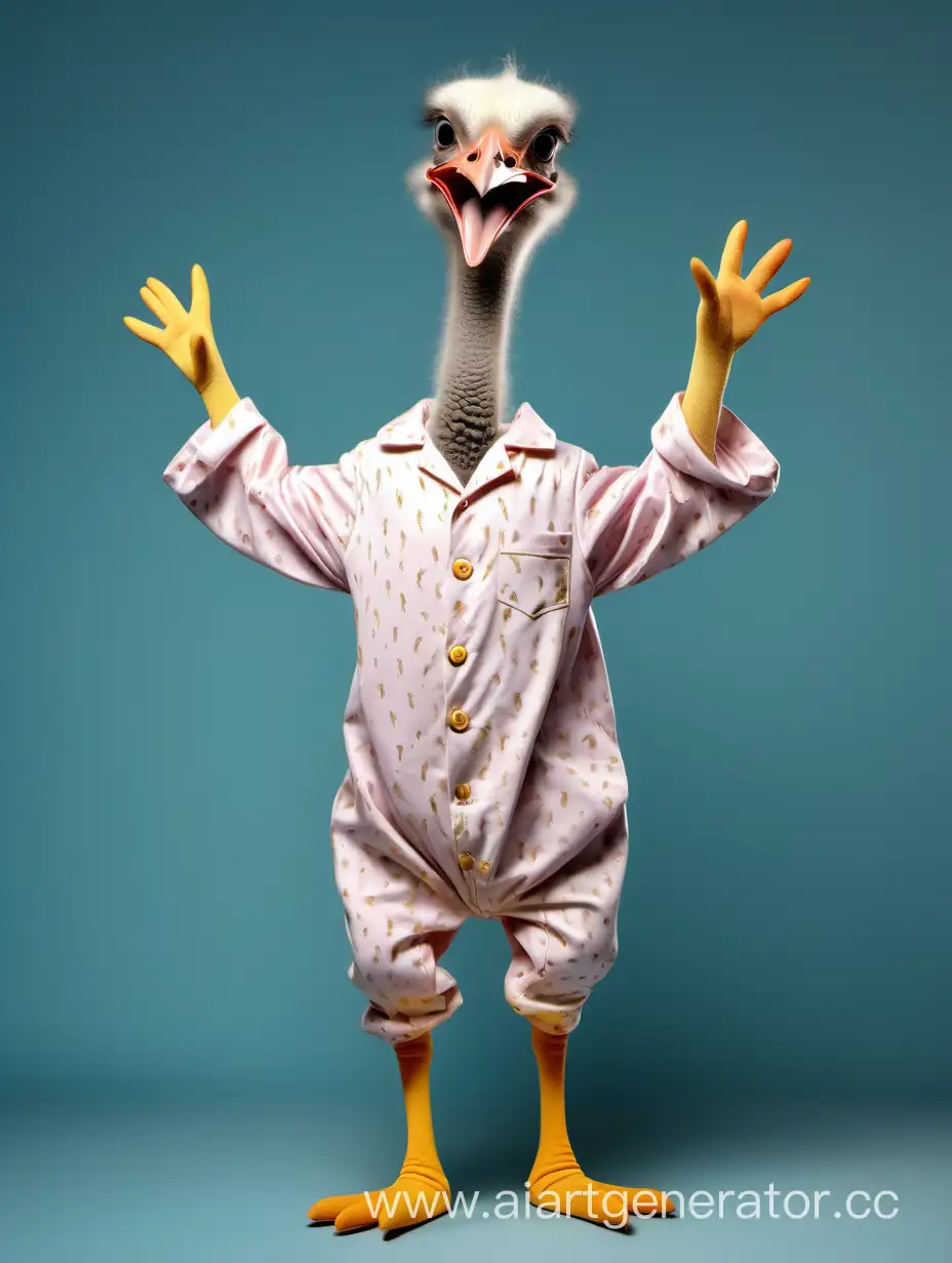 Amusing-Ostrich-in-GoldenToothed-Pajamas-Standing-on-Two-Legs