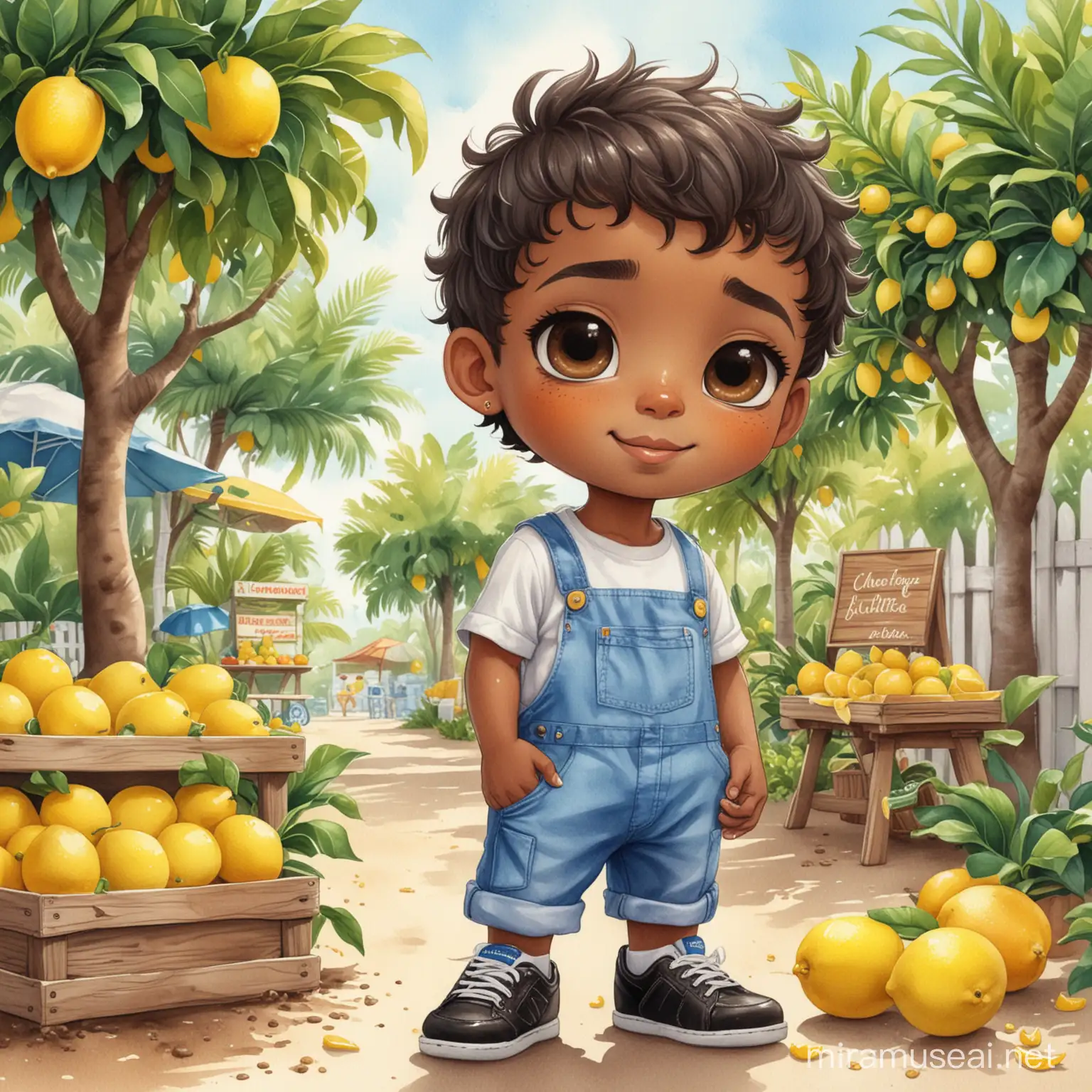 Create a watercolor illustration of a chibi cartoon dark skin latino male holding a lemon. He is wearing a white shirt and blue overalls with black shoes. Brown eyes. Extremely highly detailed dark brown short hair. Background of lemons and a lemonade stand. No earrings