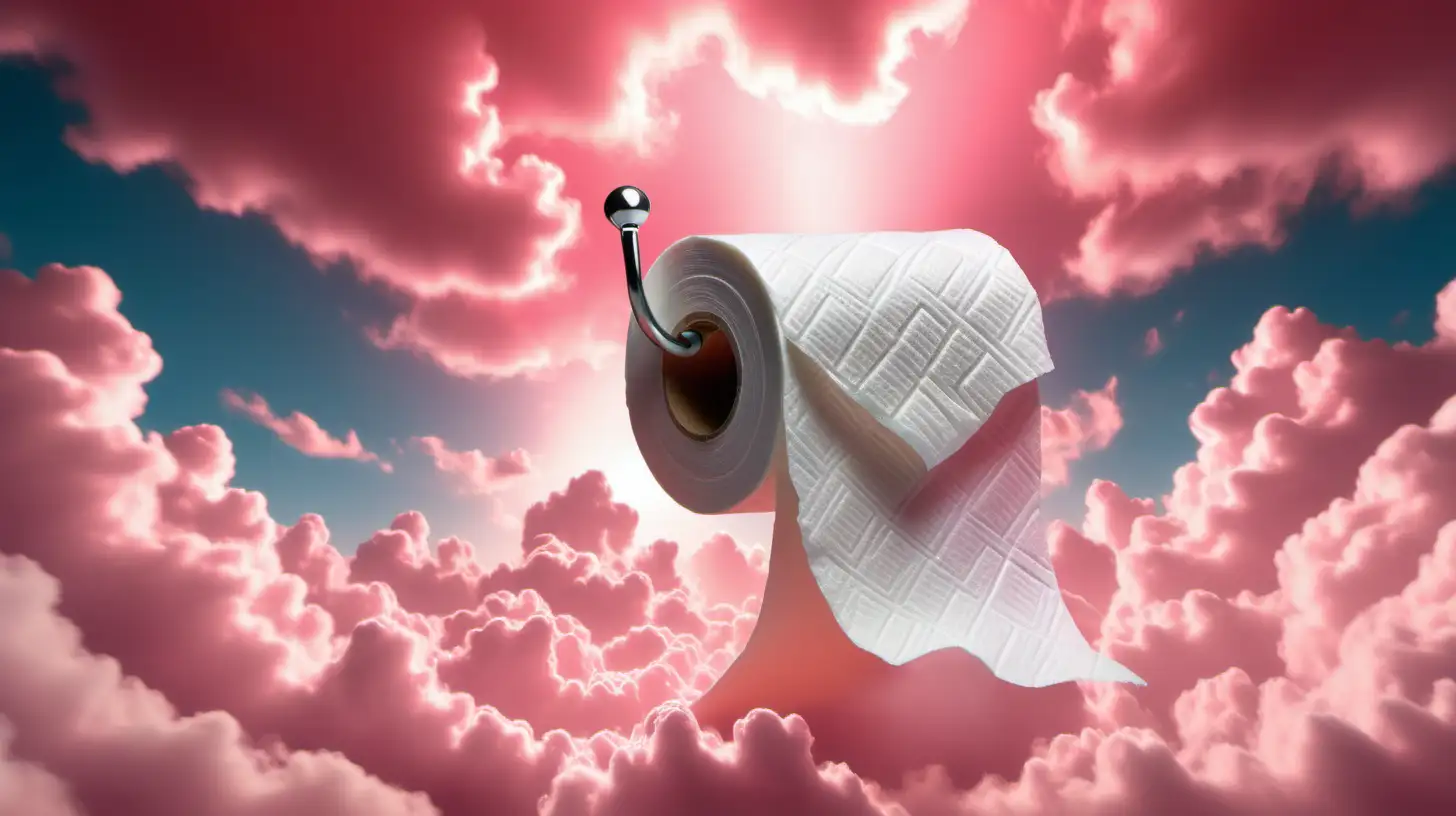 one toilet paper standing like a trophy or like a hero among pink  clouds in the sky





