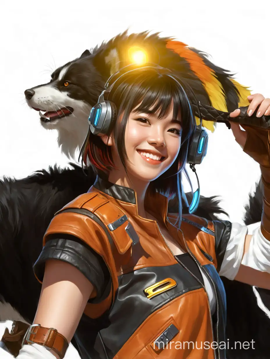 a portrait of game concept art of a character in realistic style. A young asian girl 16 years old, friendly, short colored bright hairstyle, smiling, in white summer dress and a race leather jacket