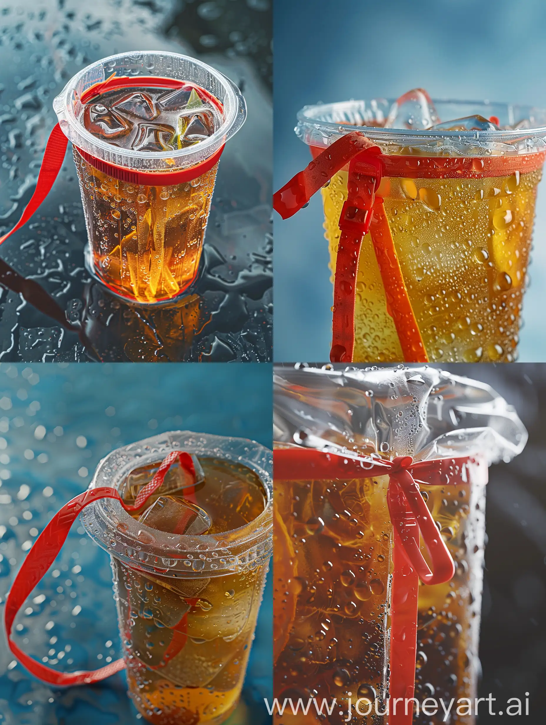 iced tea in plastic. tied at the corner of the plastic mouth edge. red plastic strap. there are water drops on the outside of the plastic. random background. realistic photography. super realistic. 32k full HD