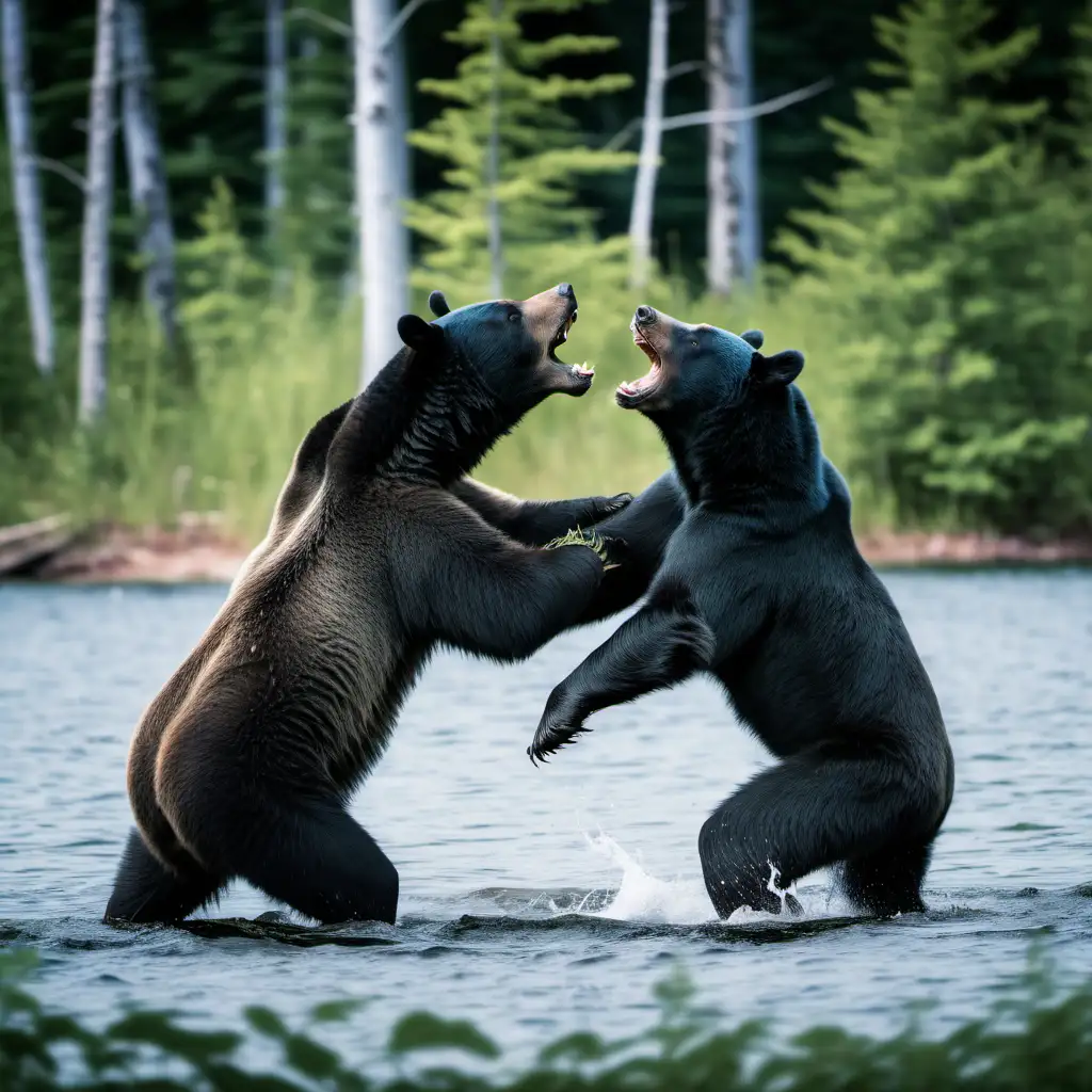 2 black bears fighting in woods with lake