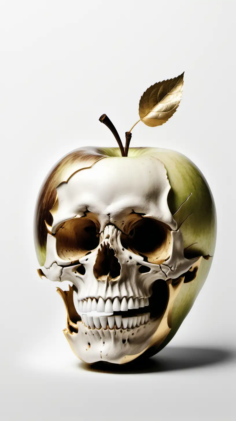 A  realistic drawing featuring half an apple [bitten in half ], that an  image of a skull is appear on  that apple's skin.

[black and white and gold]
white empty background