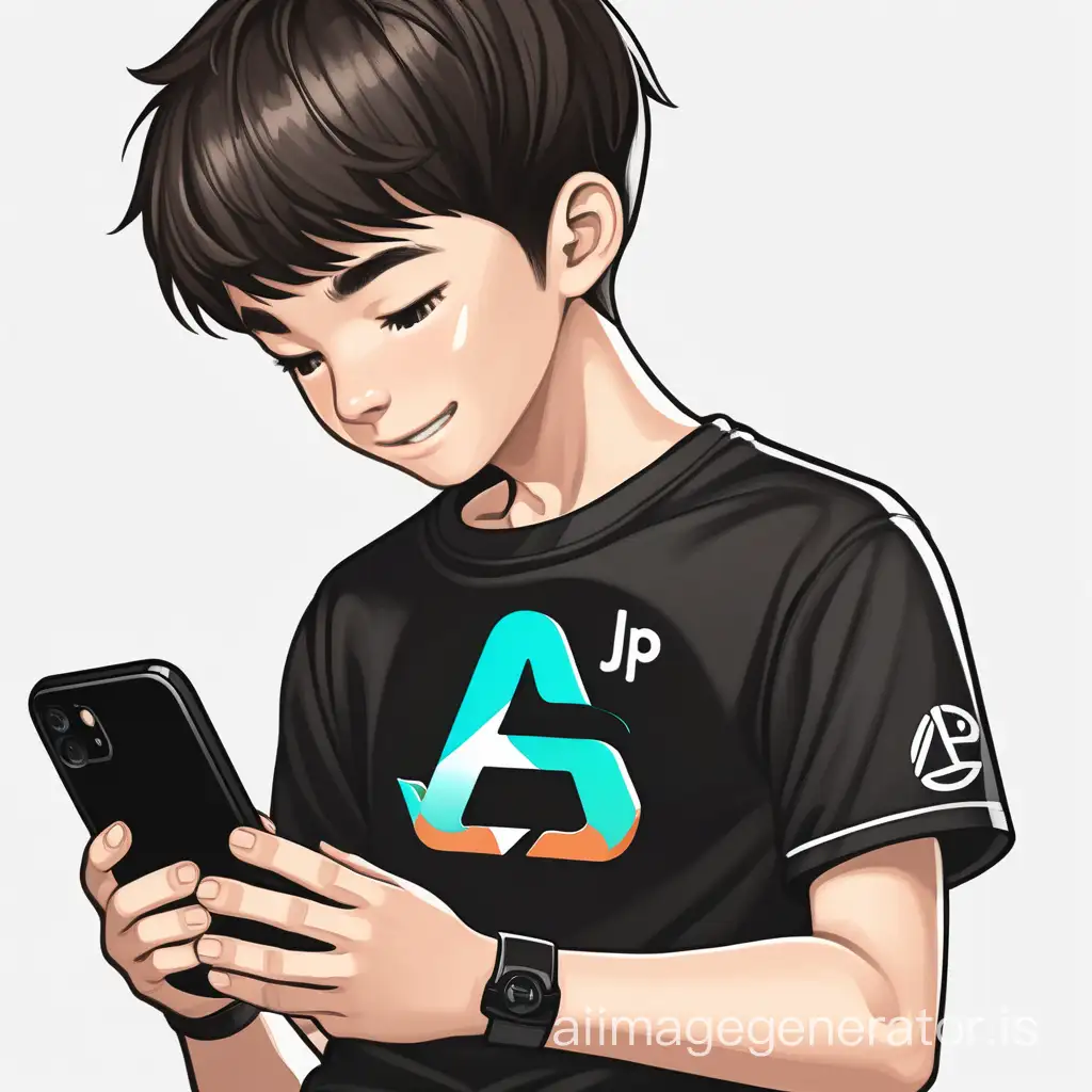 Boy playing games on phone and enjoying with JP logo on his black shirt and gamer type logo