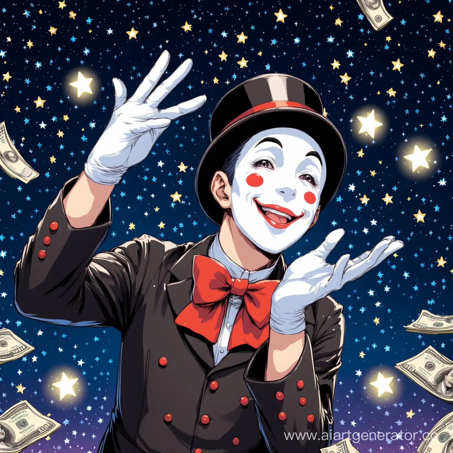 Mime-Experiencing-Joy-Holding-Money-with-Starlit-Sky-Background