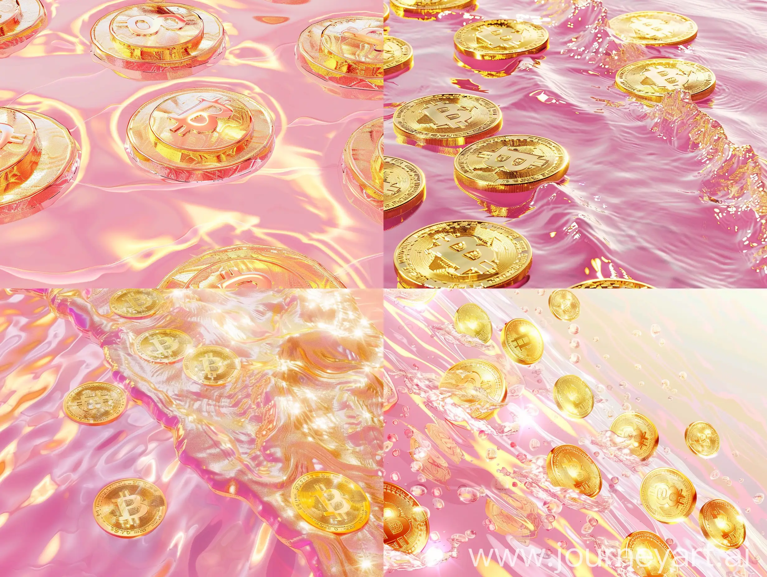 波光粼粼的水是粉色和金色的，水中有10个大金币，风格逼真，梦幻主义，浅金色和金色，斜线构图，超清晰 这次的效果就很完美