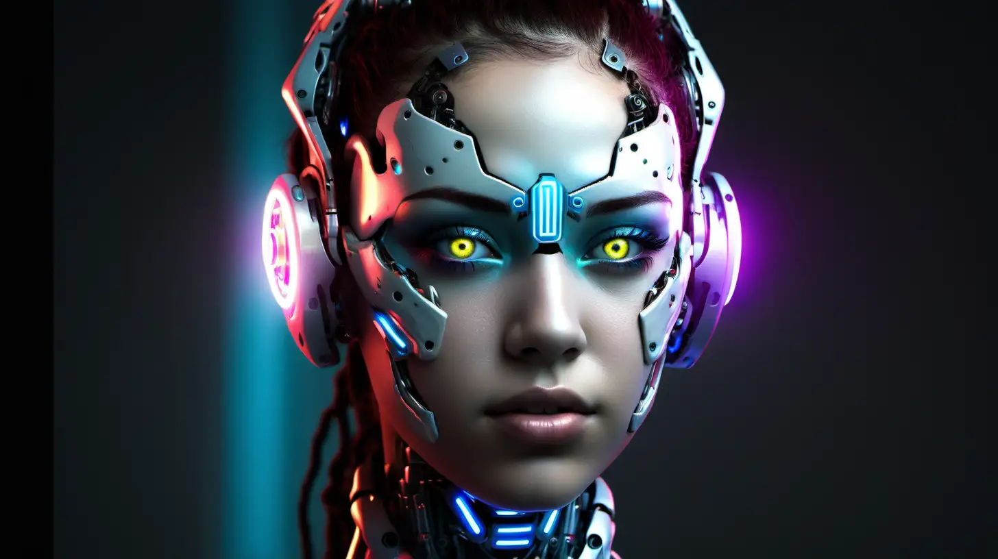 Cyborg woman, 18 years old. She has a cyborg face, but she is extremely beautiful.  1% neon.