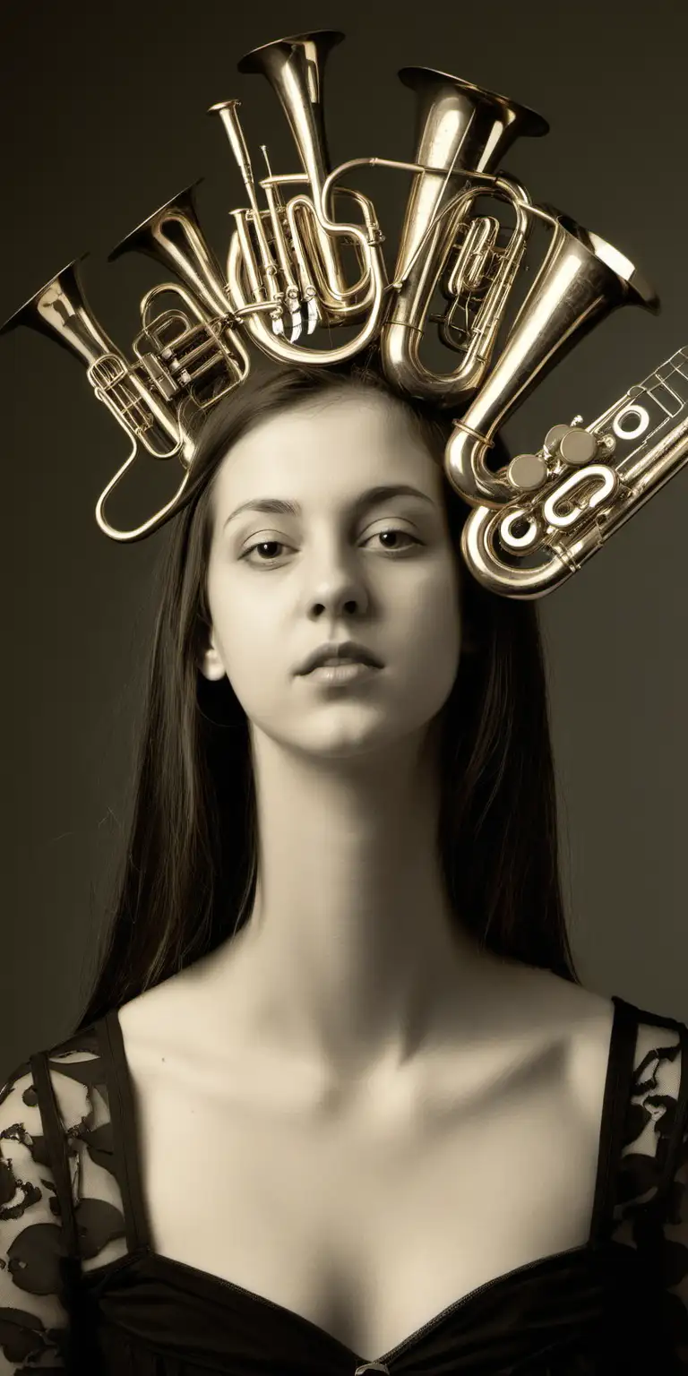 portrait of young woman with head  from instruments