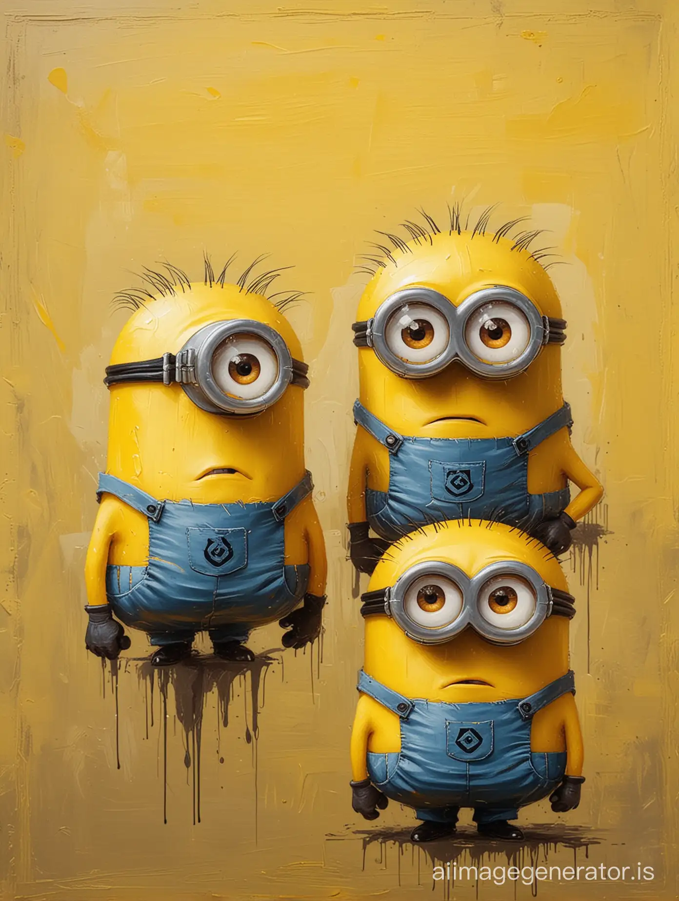 Minions looking unimpressed with shocking yellow background in Japanese style, abstract art, oil paint.
