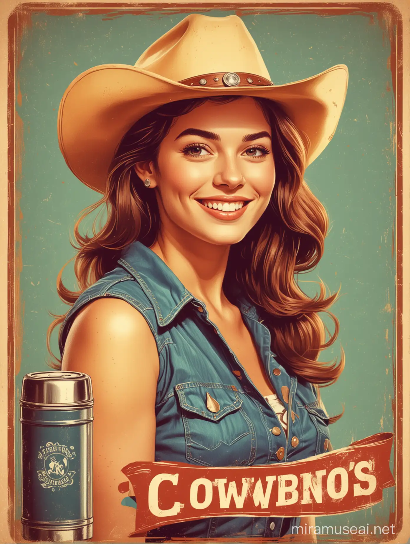 Create a design in retro vintage style, vintage cowboy poster, Vintage poster color, Beautiful, cheerful, smiling young woman, wearing cowboy hat, 2D drawing, flat, poster style vintage thermos,