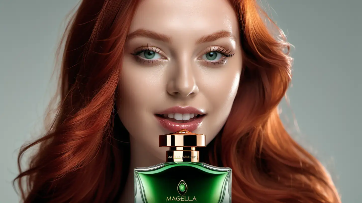 Create a hyperrealistic photography advertizing Magella Green, 25 years old, long red hair, perfect face, perfect lips, perfect teeth, using a luxury perfume bottle, featuring Magella Green logo. High definition 8k image, octane render.