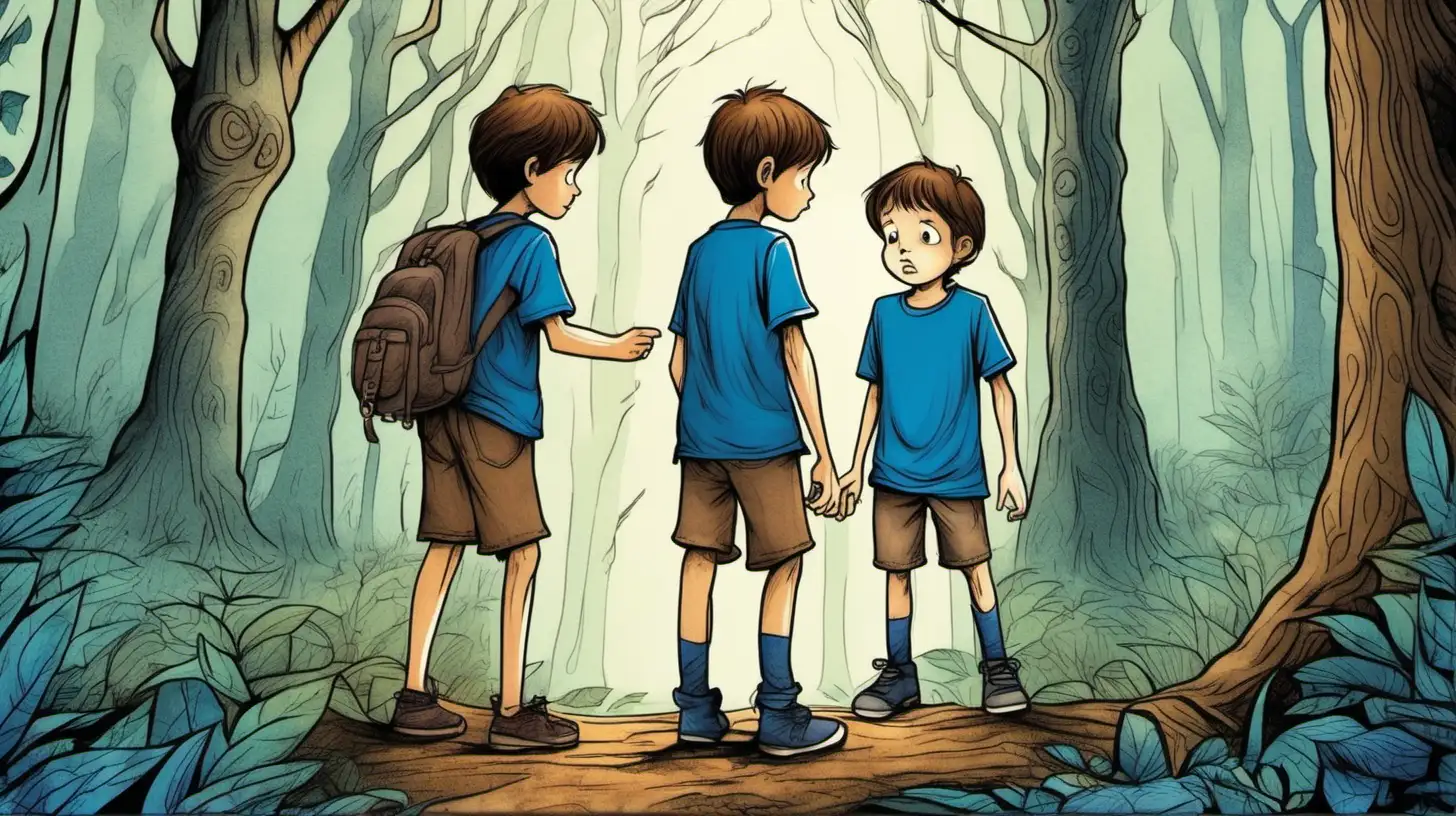 illustrate ten years ol Two children are pulling a ten-year-old brown-haired boy wearing a blue T-shirt, in the magical forest, they are sad