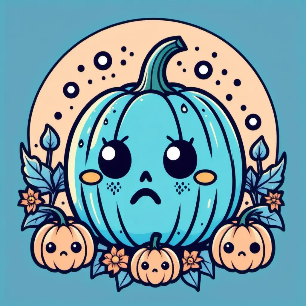 Vintage tarot card style, sanrio, kawaii, pastel goth flat vector illustration of a vintage sad crying blue tears pumpkin