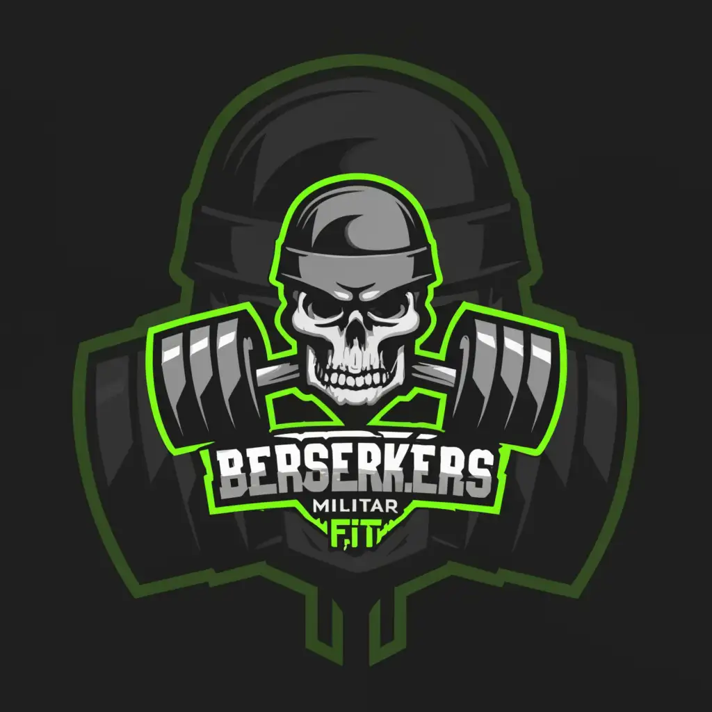 a logo design,with the text "berserkers militar fit", main symbol:Soldier's Skull with crossed dumbbells, plain colors, green and black,Minimalistic,be used in Sports Fitness industry,clear background