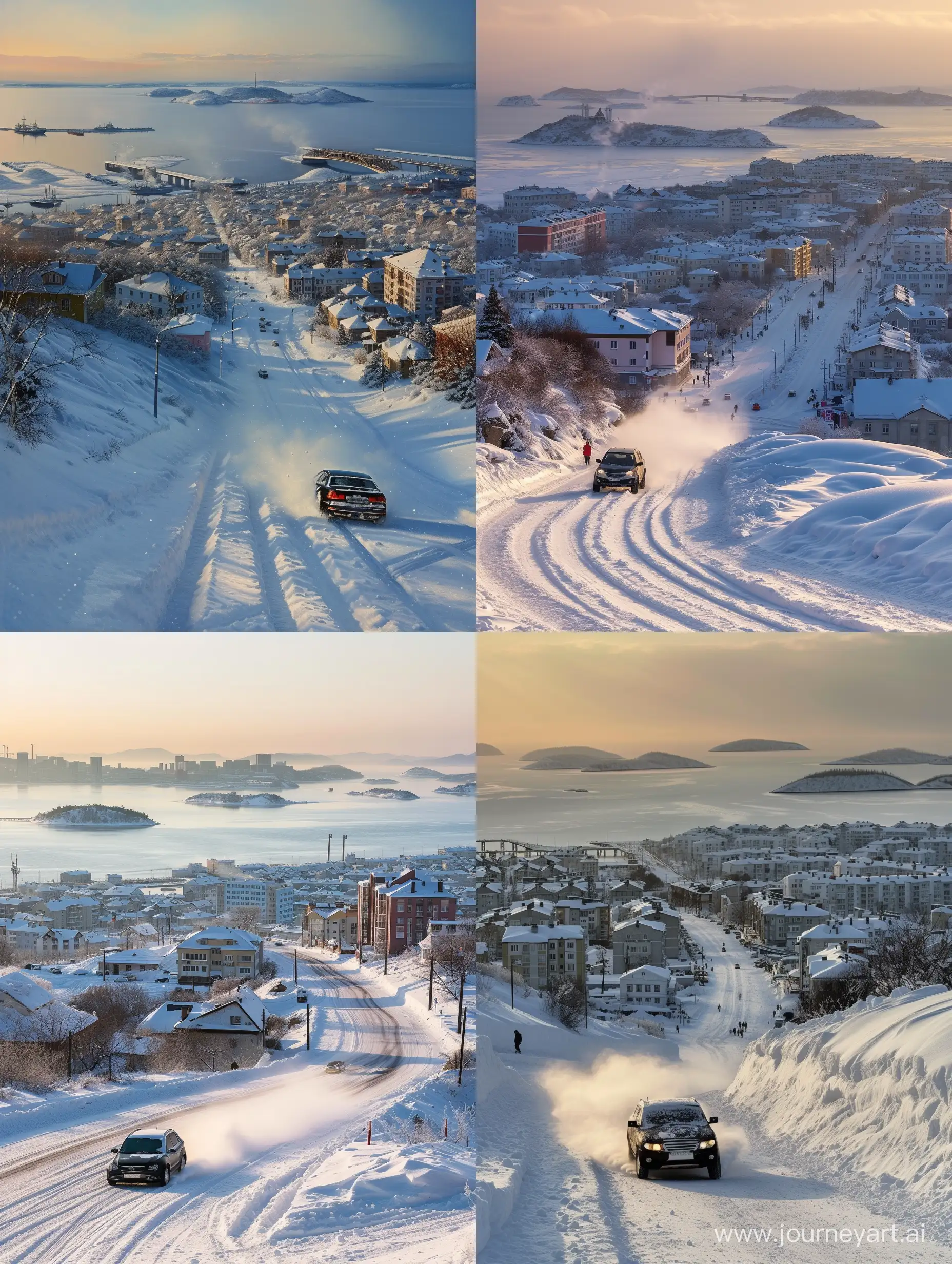 Snowy-Vladivostok-Cityscape-Twilight-Panorama-with-Drifting-Car
