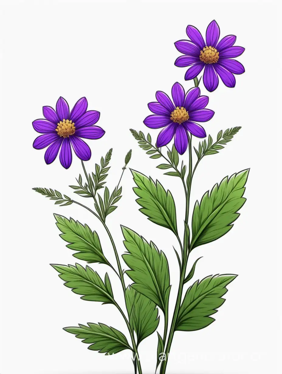 Purple Big wildflower 3 plants lines art, simple, herb, Unique floral, botanical ,grow in cluster, 4K, high quality, white background,