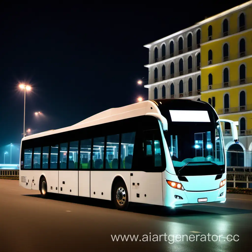 белый современный меджугородний автобус сппассажирами огни ночного Батуми