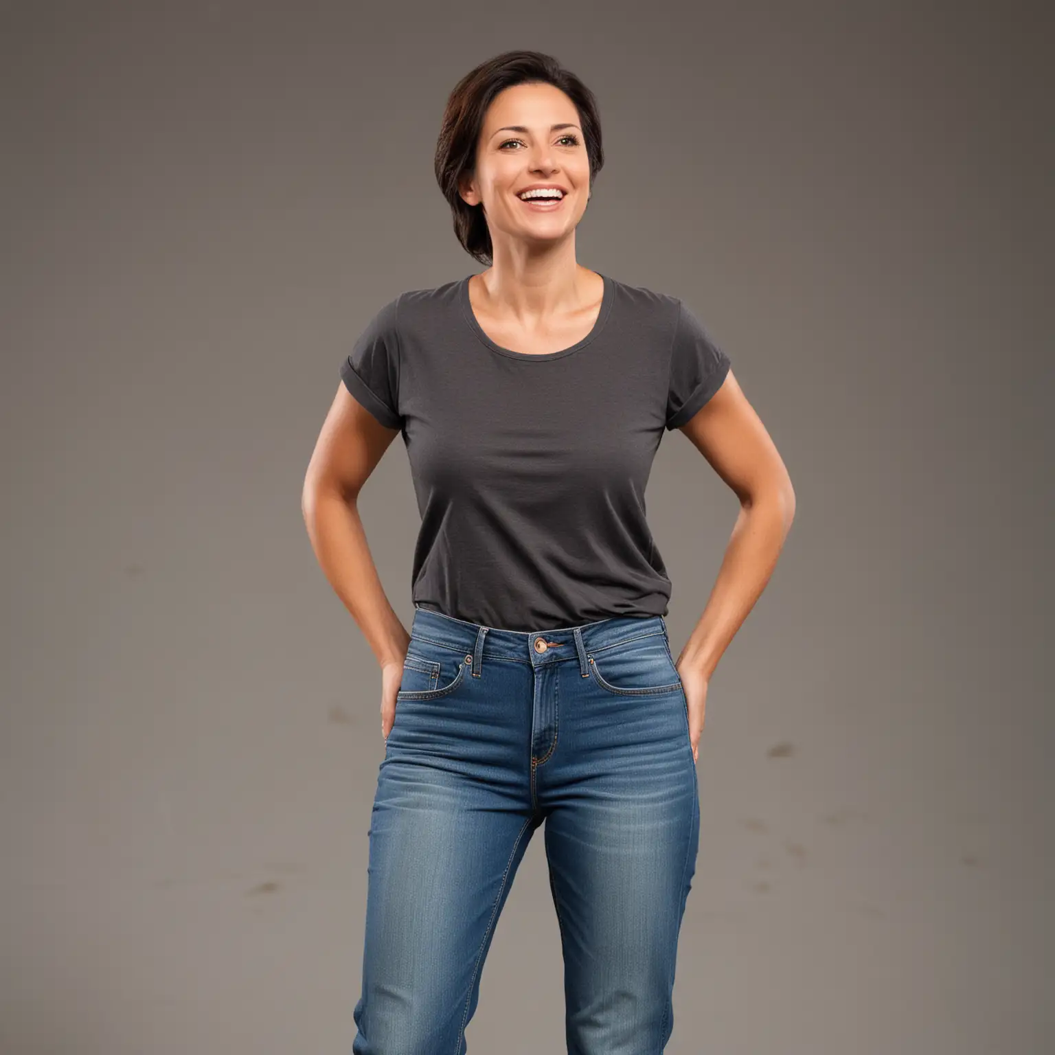 A womanA woman in her late thirties, with a confident smile, wearing a pair of comfortable jeans and a loose-fitting t-shirt. She is standing with her arms slightly open, as if she is addressing an audience, and her gaze is captivating, conveying assurance and charisma.