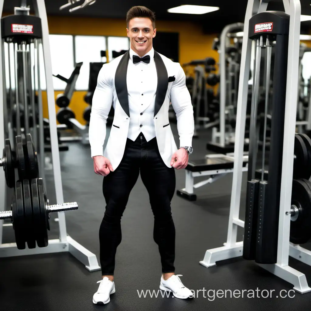 Muscular-Man-Exercising-with-Dumbbells-in-Black-Jeans-and-White-Tuxedo