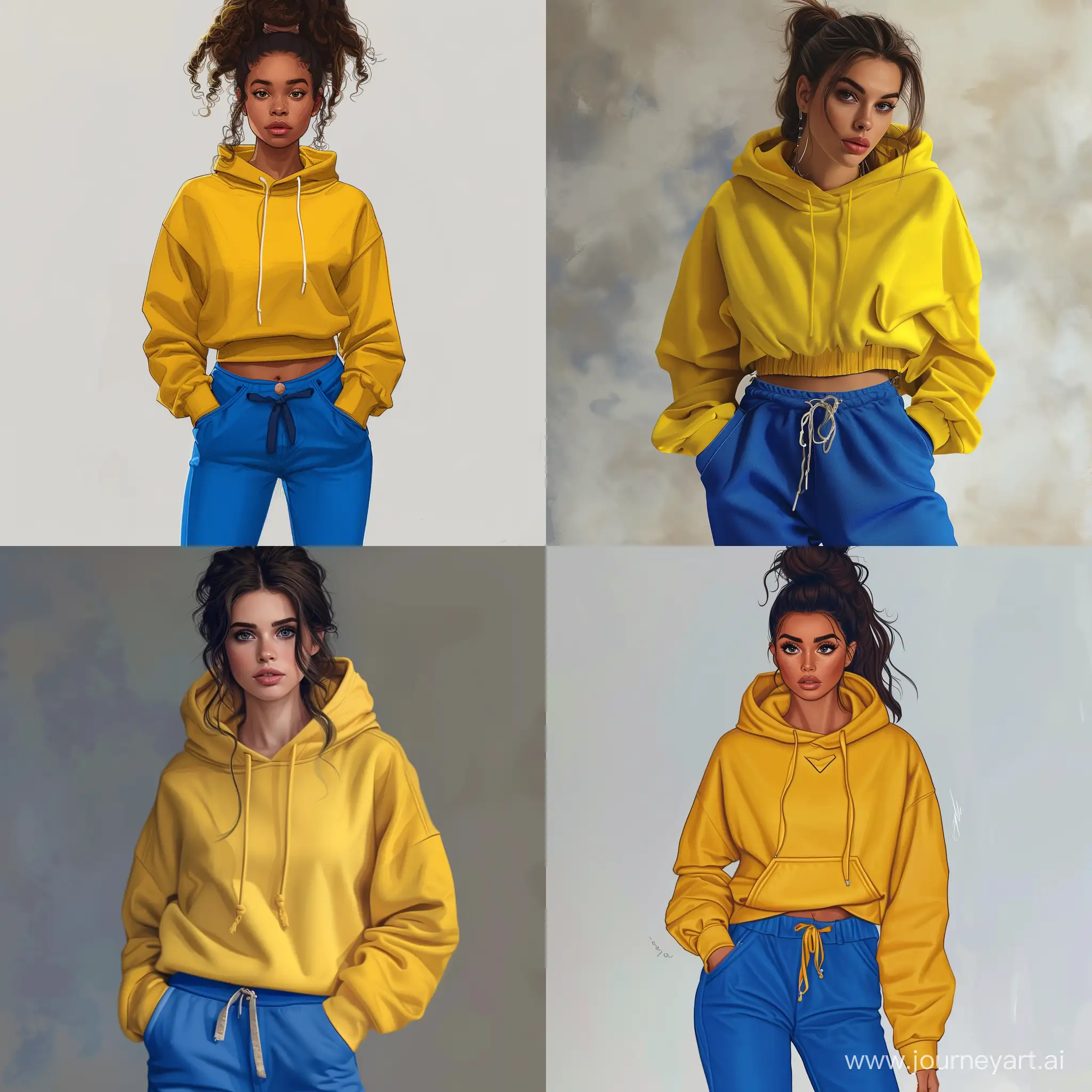 a woman with blue pants and a yellow hoodie , realistic