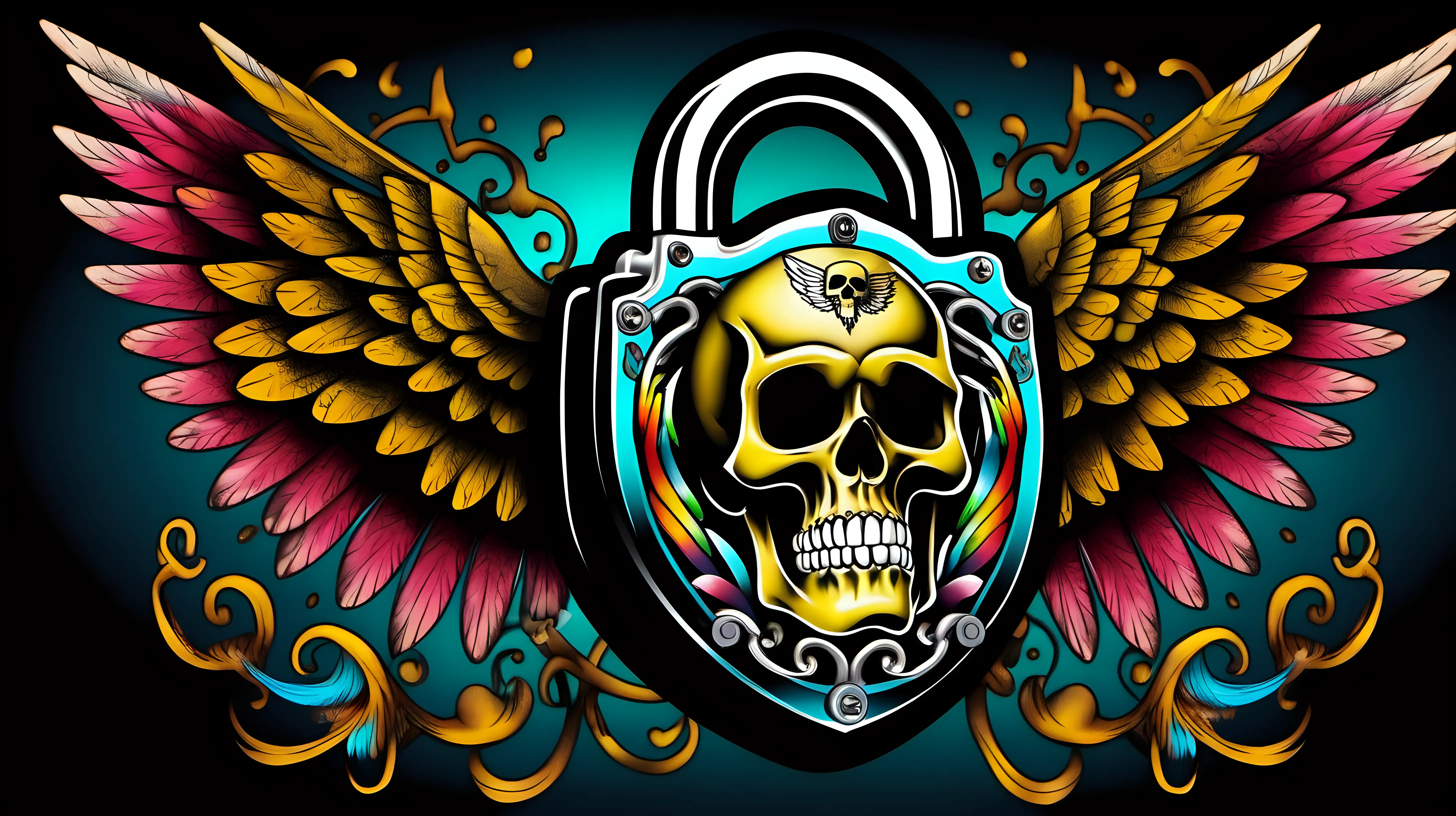 Colorful 3D Padlock with Wings and Skull OldSchool Tattoo Design on Black Background