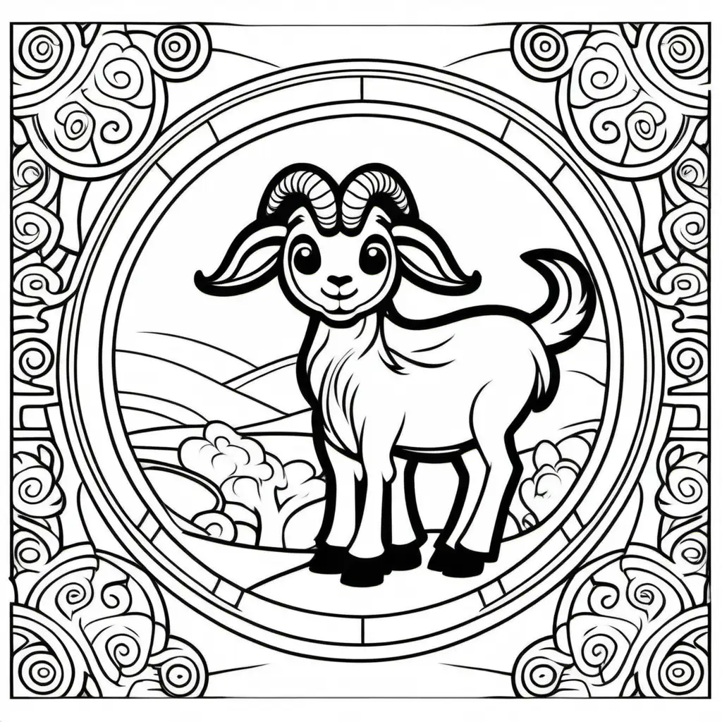 kids colouring book page, lunar new year, Chinese zodiac goat,  cartoon style, no shading, 

