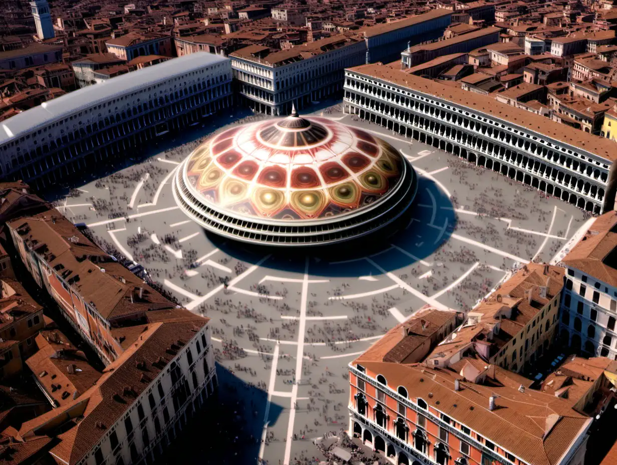 Crea l'immagine di un'atsronave aliena che è atterrata in piazza san marco a Venezia, dal diametro di circa 20 metri. Ripresa da altezza uomo