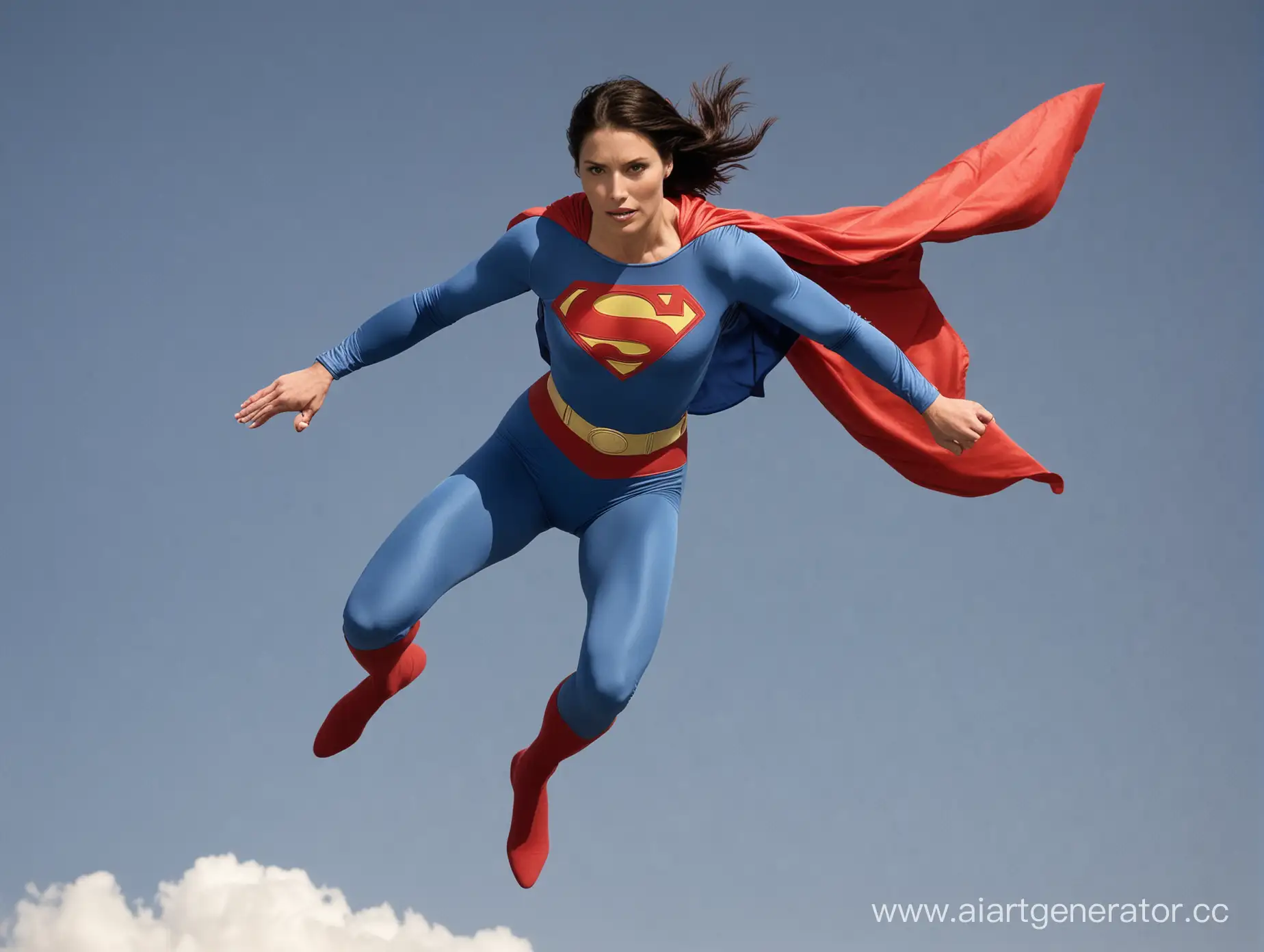 Athletic-Woman-Soaring-Through-Sky-in-Classic-Superman-Costume