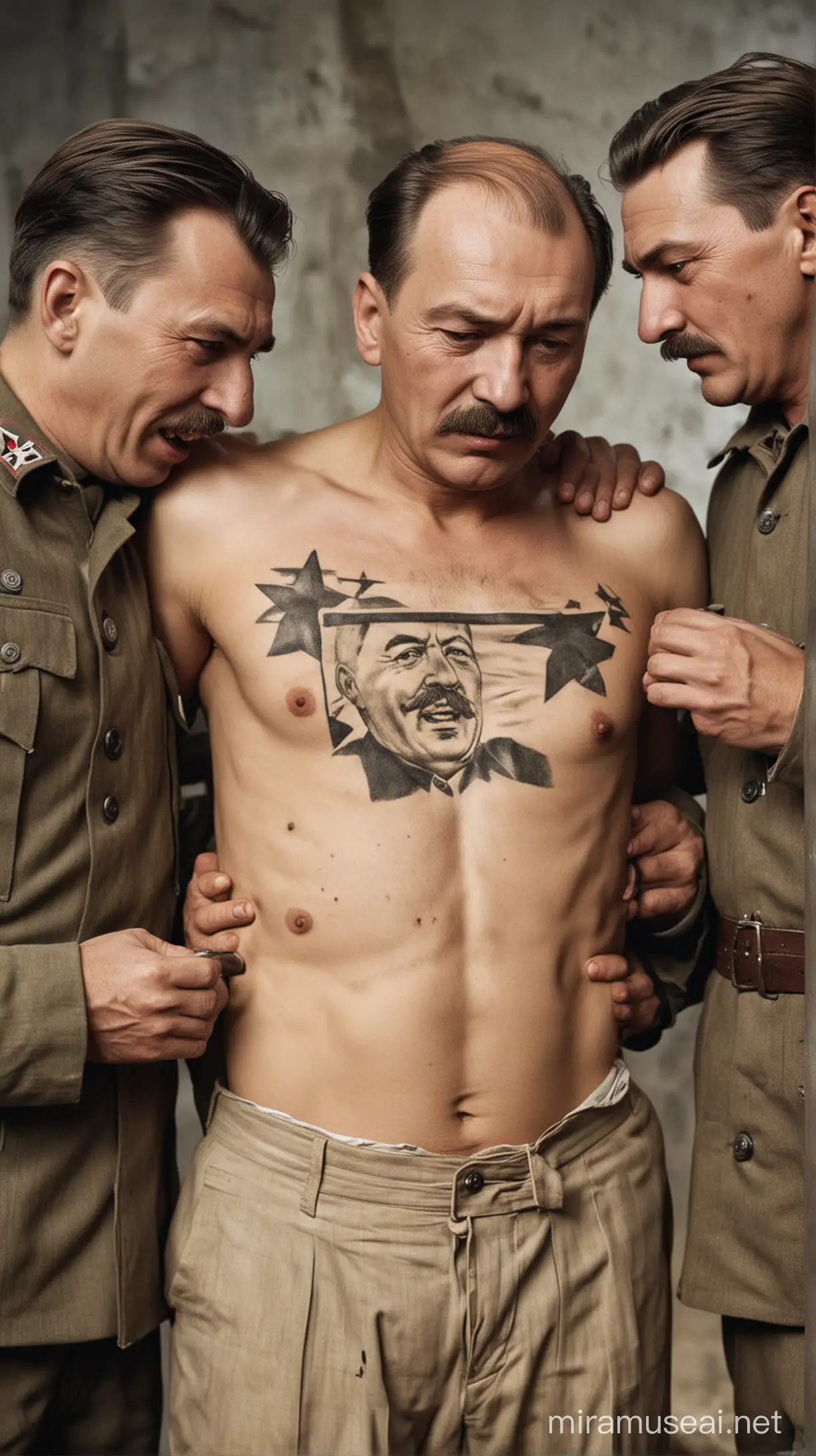 Nazi soldiers tear open a prisoner's shirt to reveal a tattoo of Lenin and Stalin on his chest while they are checking him. The soldiers look puzzled and worried as the tattoo gives them pause before shooting the prisoner.