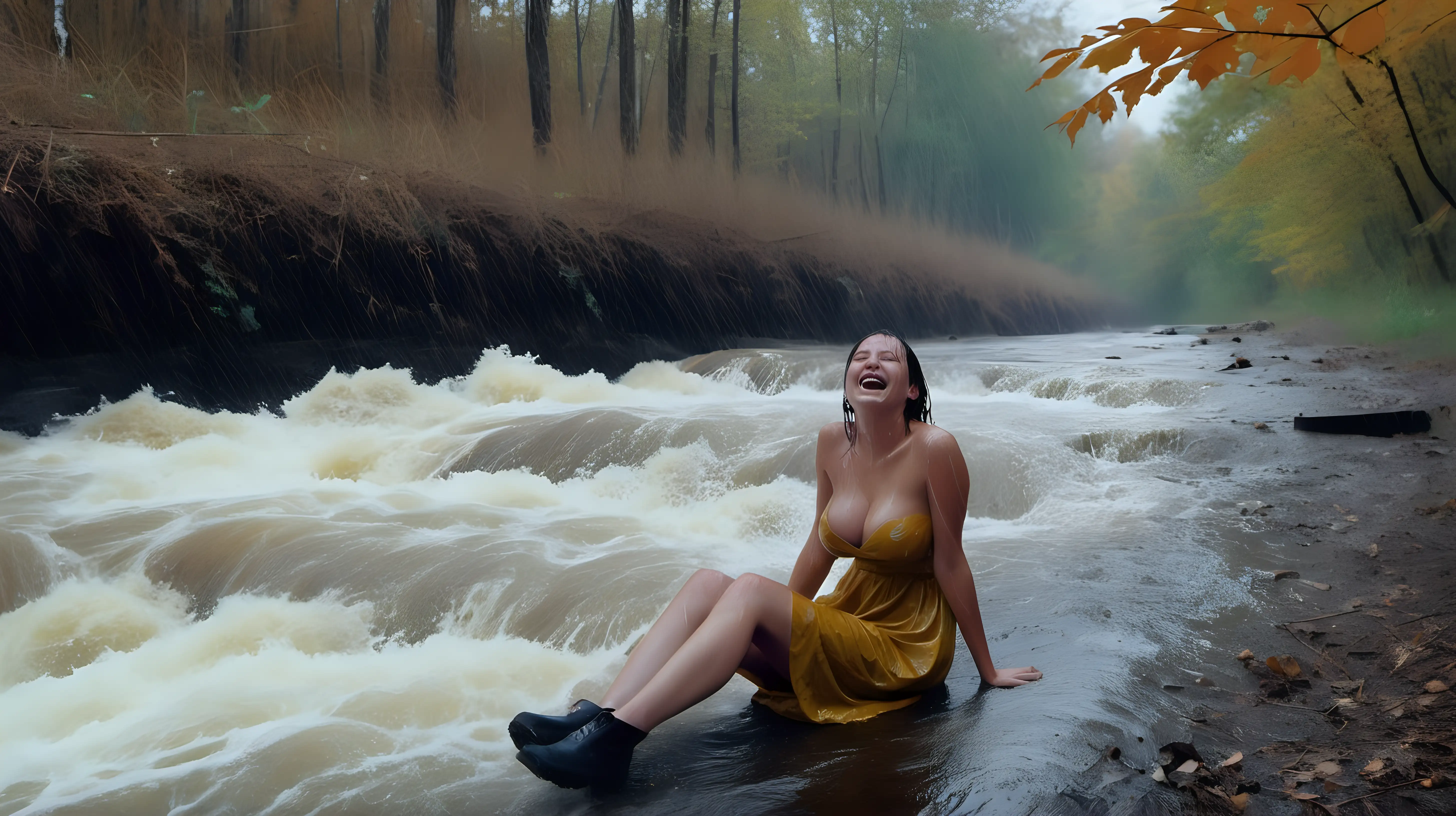 A small clearing in a forest in autumn. A whitewater river. A beautiful young woman in a wet dress sitting beside the creek. There is heavy rain. The young girl is laughing at the rain. she has full boobs.
