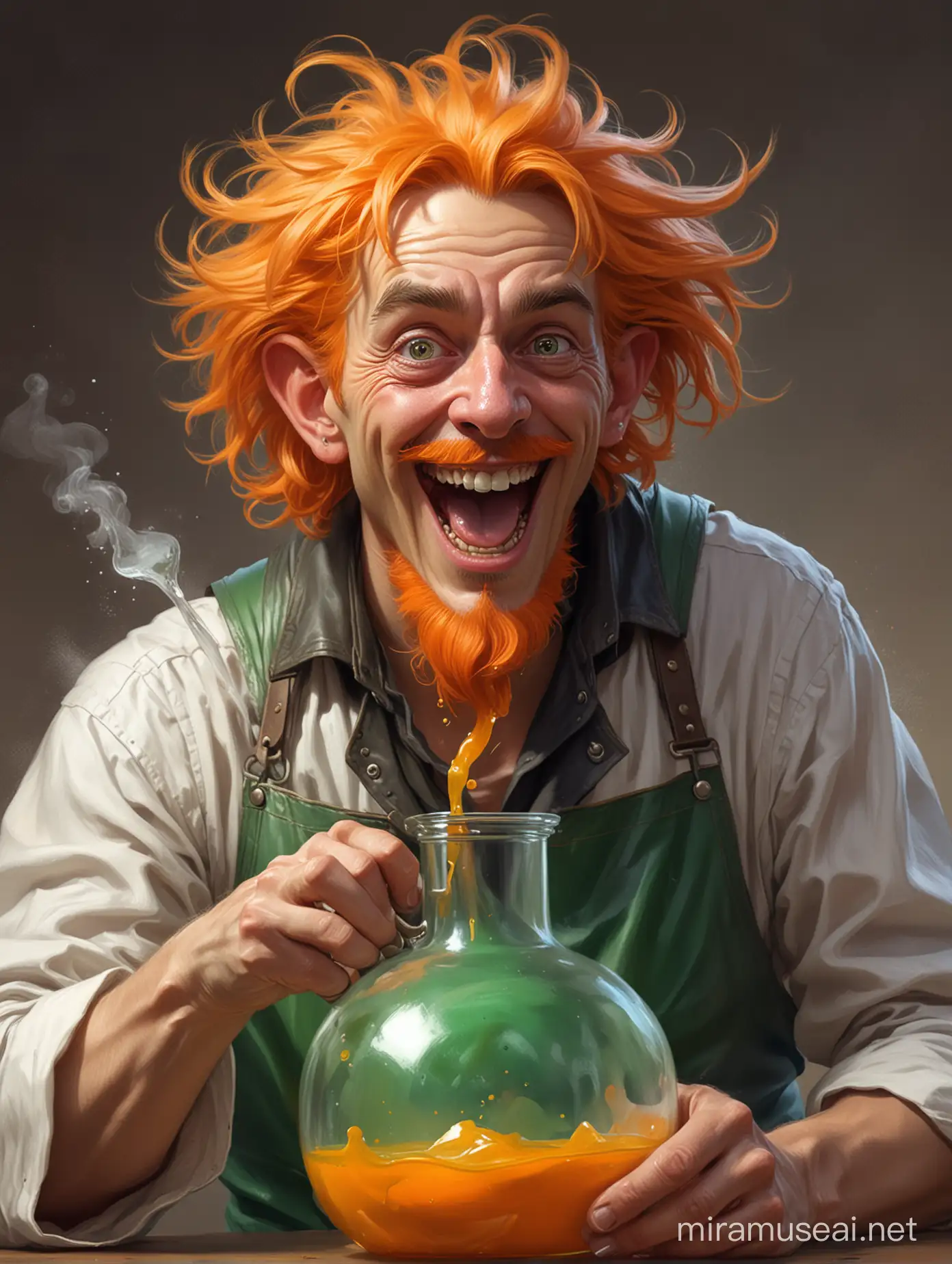 three-quarter half-body portrait of a crazy insane happy a bit older dwaven male alchemist, waving an oversized chemical flask with orange steamy liquid inside, wild puffy randomly colored hair, with tongue out, wide eyes, "green leather apron", smaller metal tools, digital painting, game art, blizzard art style, art station, less realistic