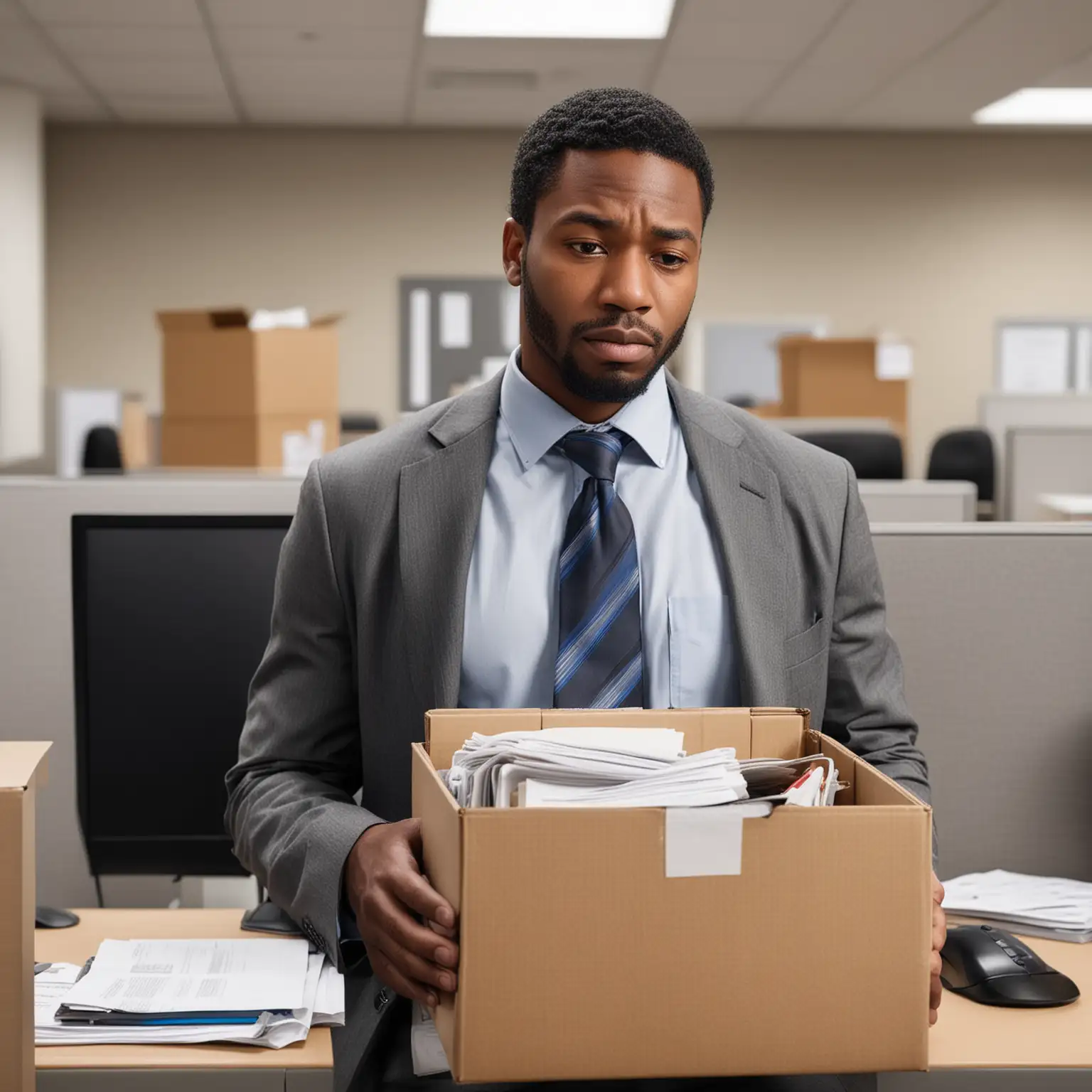 A realistic photograph of a sad black man who just got fired carrying his small box of belongings out of his office cubicle