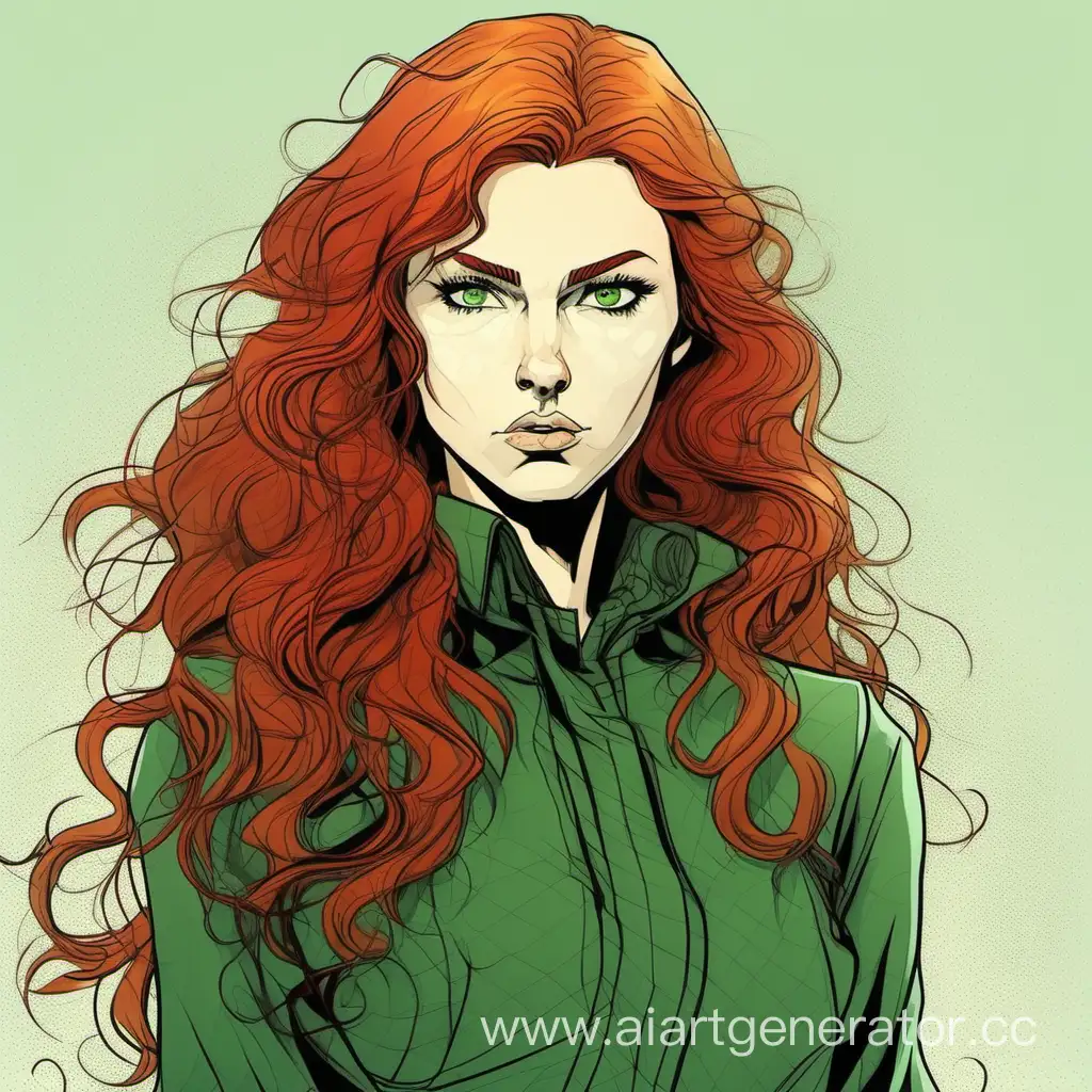 взрослая рыжая девушка с волнистыми волосами и зелеными глазами, острыми скулами, серьезным лицом