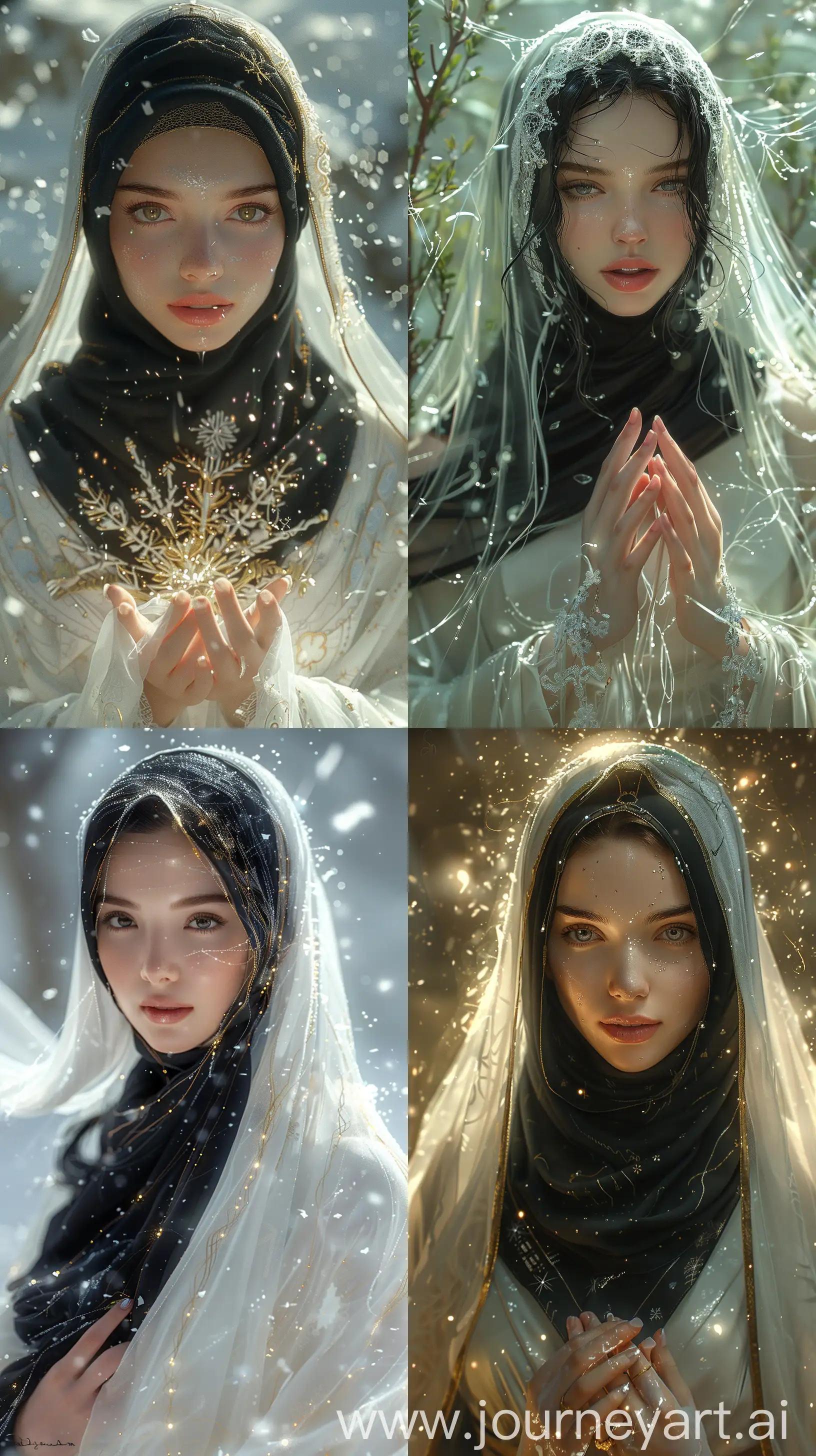 Artgerm, Digital painting, The winter spirit from Japanese mythology in the form of a beautiful woman, in long black hijab, white kimono, official art, cinematic light, (1girl:1.5), (nice hands), beautiful and aesthetic, extremely detailed, dynamic angle, elegant, vivid colours, romanticism, glowing, magical, enigmatic, mystical, intricate, vibrant color, transparent, fascinating, surreal, excellent, (Masterpiece:1. 5), (best quality:1. 5) --s 1000 --ar 9:16