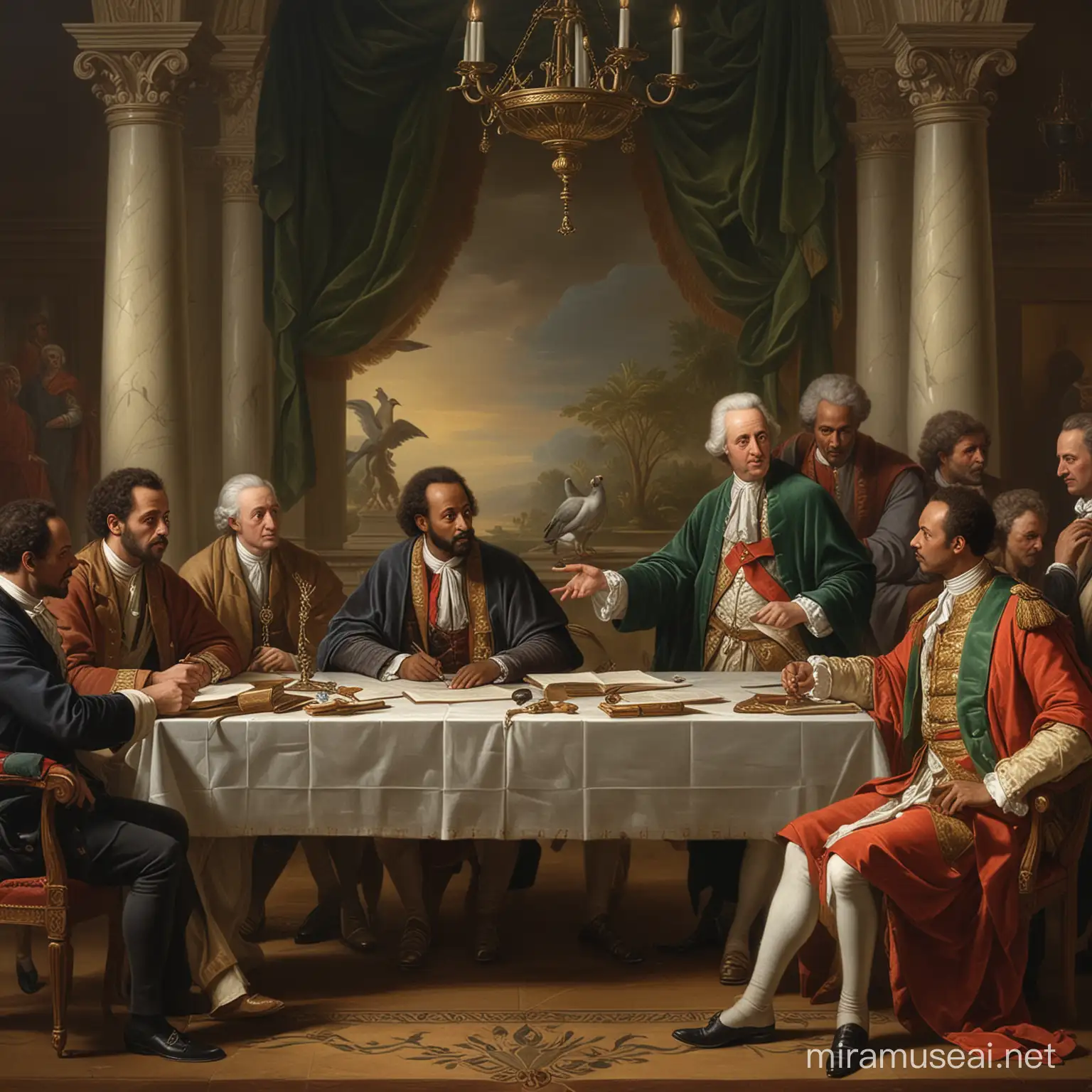 Diplomatic Peace Treaty Signing Ethiopian and Italian Representatives in 1700s Style Painting