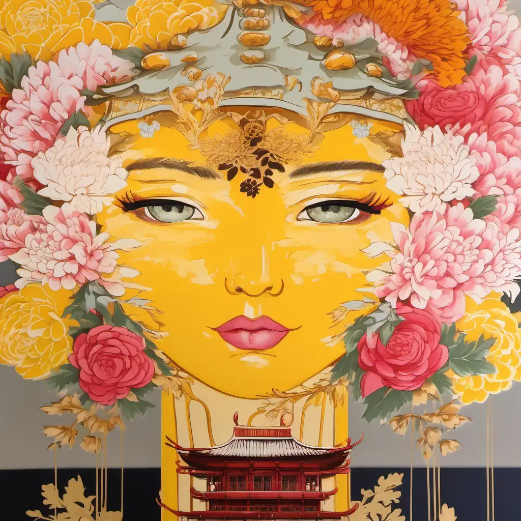 Elegant Lady Portrait with Floral Headdress and Chinoiserie Pagoda