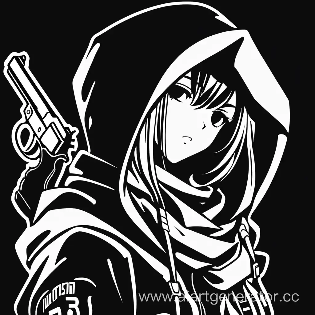 black and white photo depressed anime girl in hood and scarf with a blindfold with revolver and gothic style in logo style for cybersport command manga style