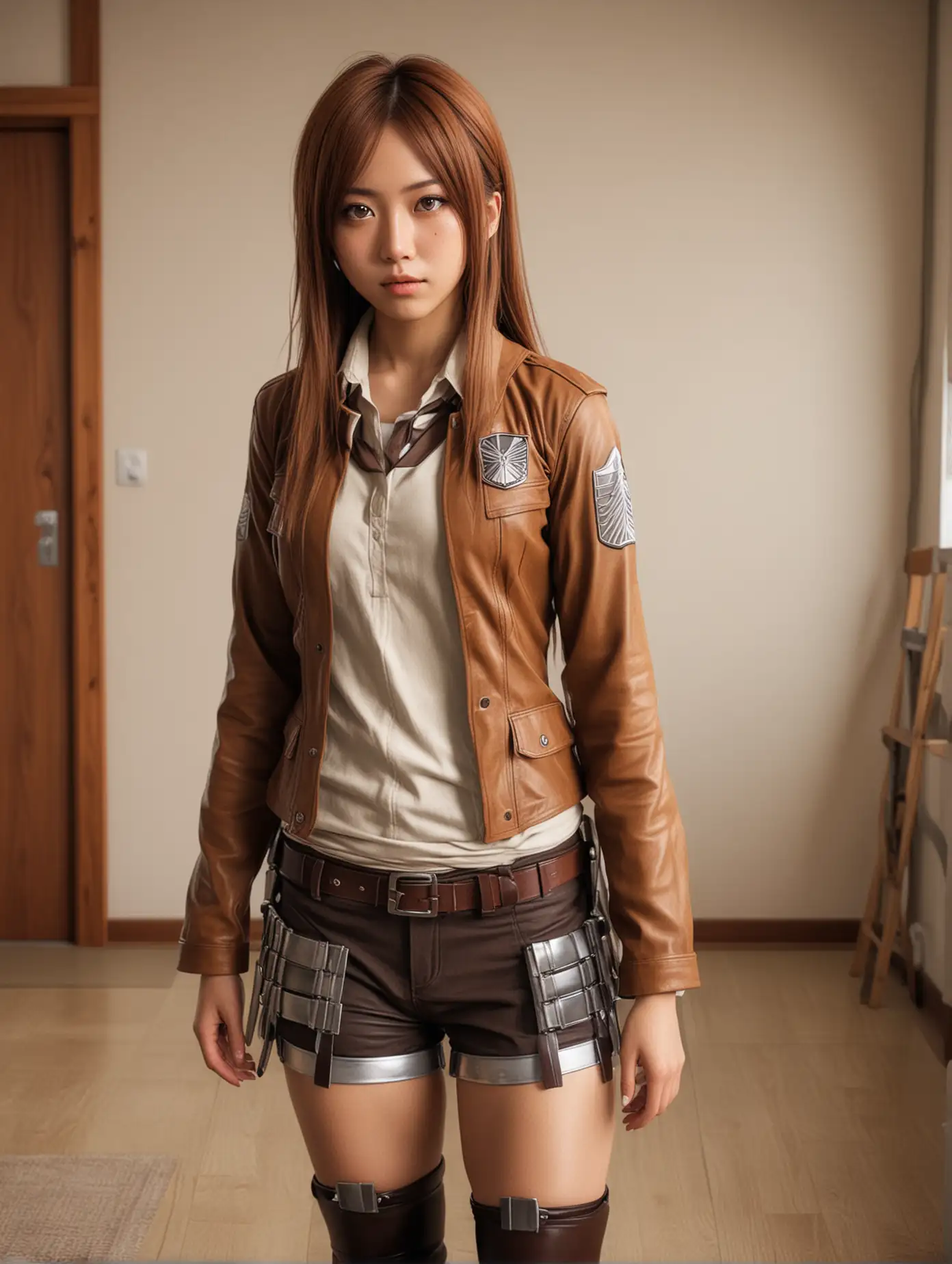 Fullbody Japanese girl with caramel-colored medium length hair, huge amber eyes, freckles, wearing attack on titan costume, in 
a room, hyperrealistic