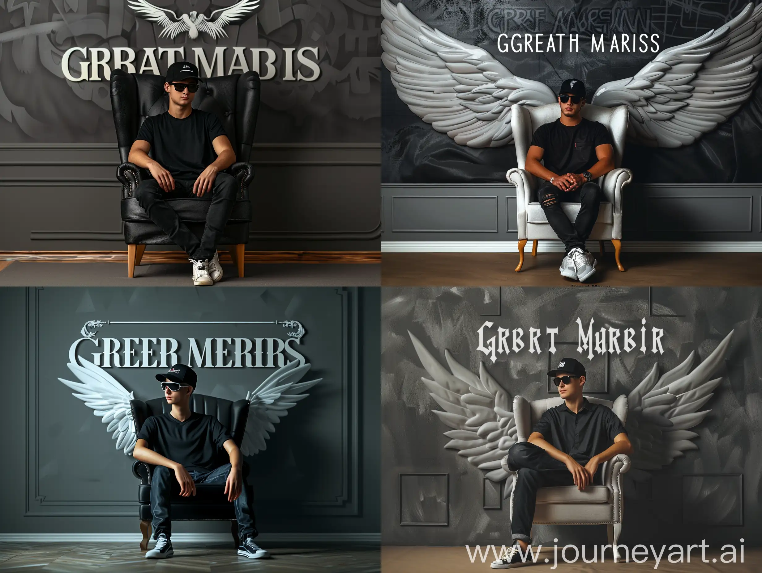  Create a 3D illusion for a profile picture where a 25 Year old cute BOY in a black shirt Sitting casually on a Wingback chair. Wearing sneakers, a black cricket cap, and sunglasses, he looks ahead. ahead. The background features "Great Master" in big and capital white fonts on the dark grey wall. There should not be his shadow, and there are wings to make it appear as if he is an angel