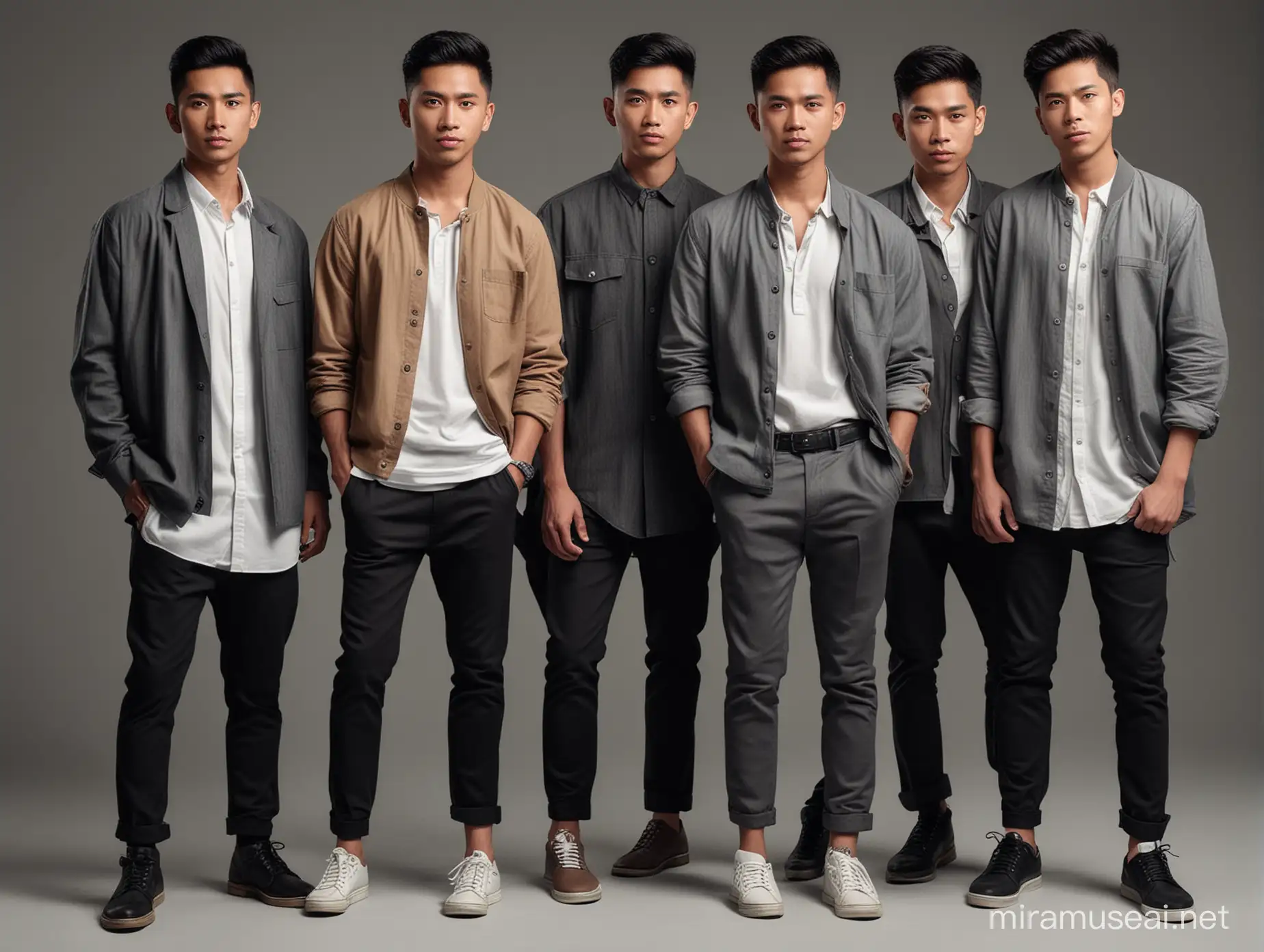 foto full body 6 orang pria, realistik di studio background polos, foto group fashion, wajah indonesia