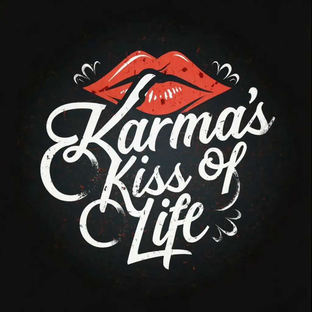 logo, kiss, with the text "Karma's Kiss Of Life", typography