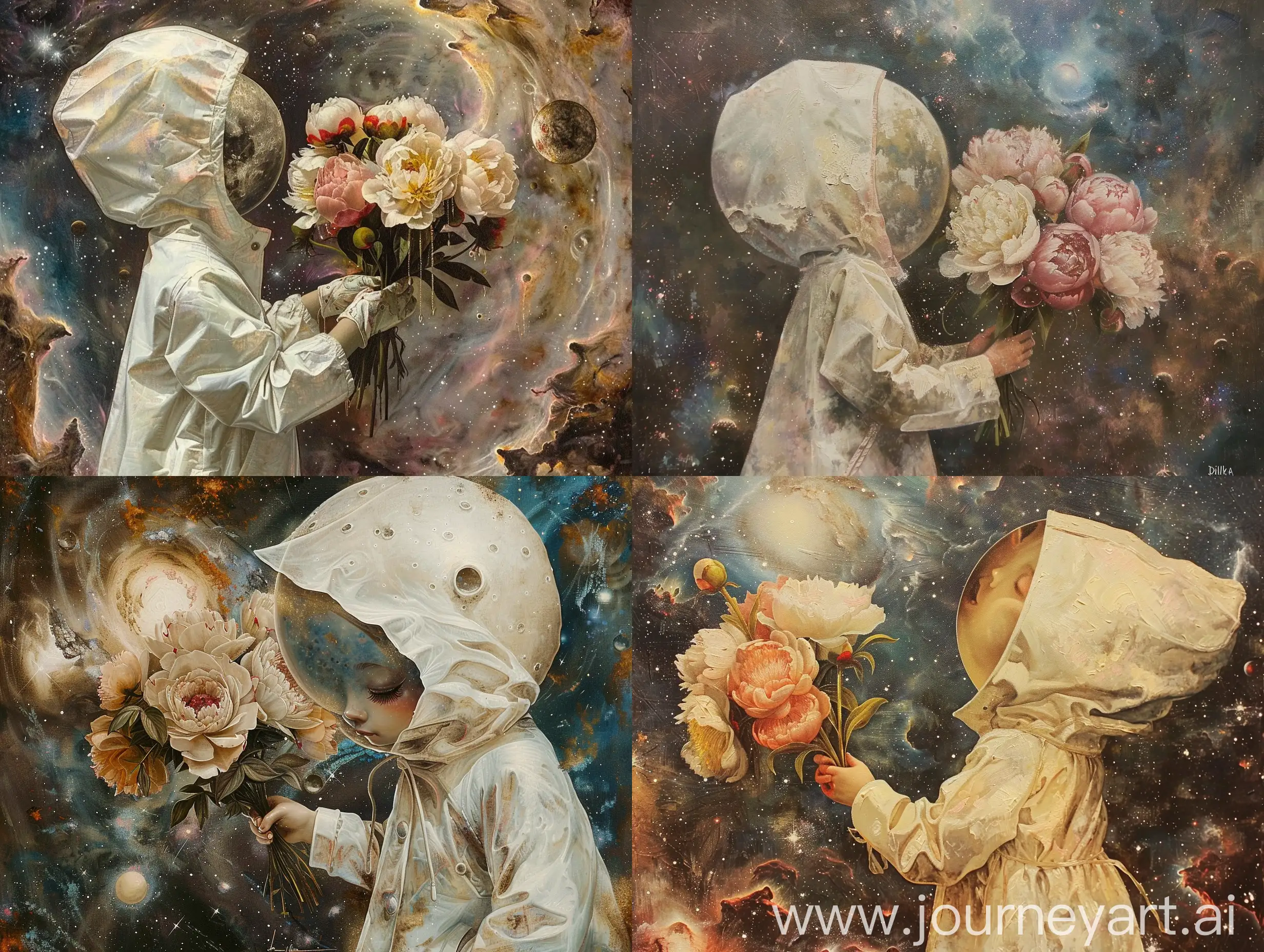 An old oil painting, dramatic. Dilka Beer style, a big-headed moon-faced girl in a white raincoat, holds a bouquet of peonies, on a galactic background, in the style of Dilka Beer, Nicoletta Ceccoli and Mark Ryden.