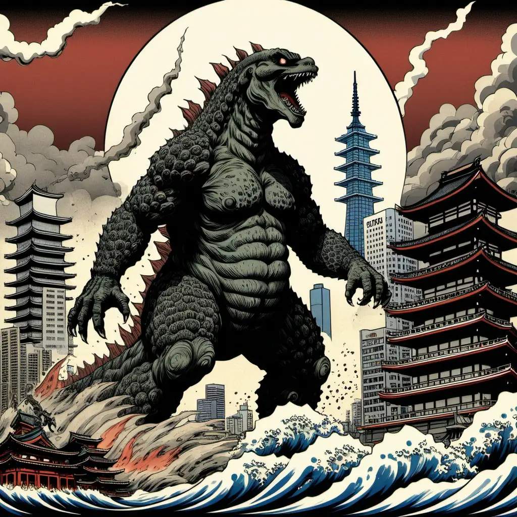 Ukiyoe Style Illustration Godzillas Rampage in Tokyo