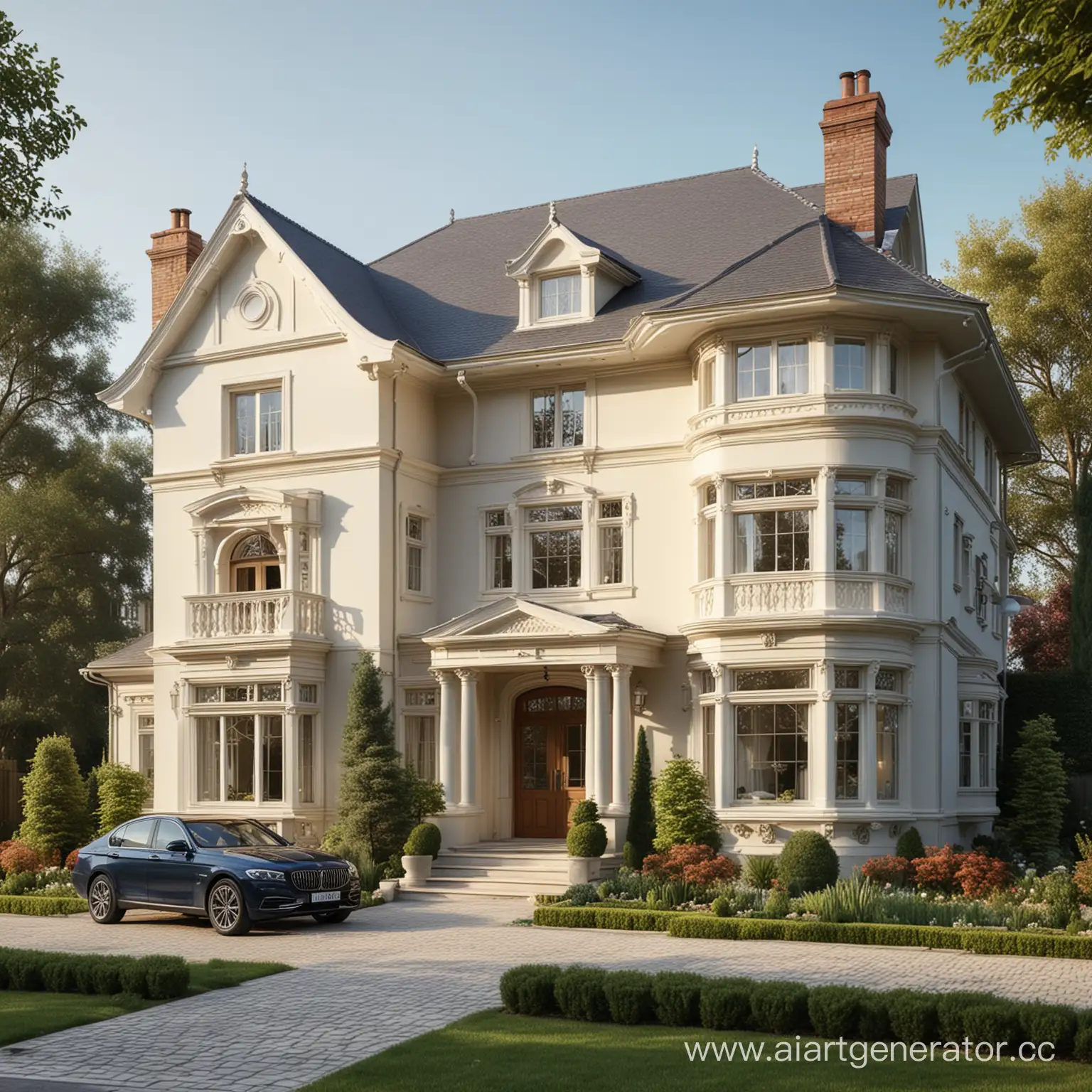 classic exterior design house , family ,  garden, car,